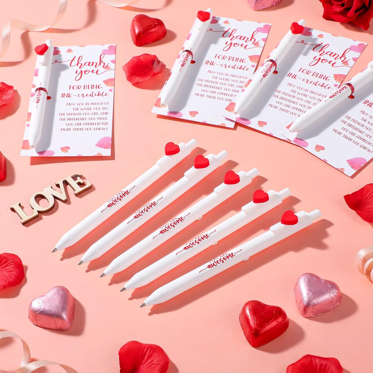 Jetec 30 Sets Valentines Pens Bulk Heart Employee Appreciation Gifts Inspirational Ballpoint Pen with Thank You Card Funny Pink Valentine Favors for Staff Teacher Nurse Office Supplies (Inspirational) - Image 4