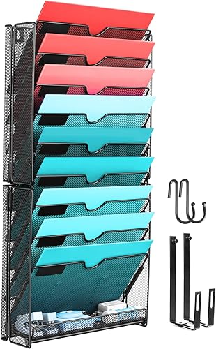 GALASALA Organizador de archivos de pared, organizador de archivos de malla para colgar con 10 bolsillos, soporte de archivos de montaje en pared