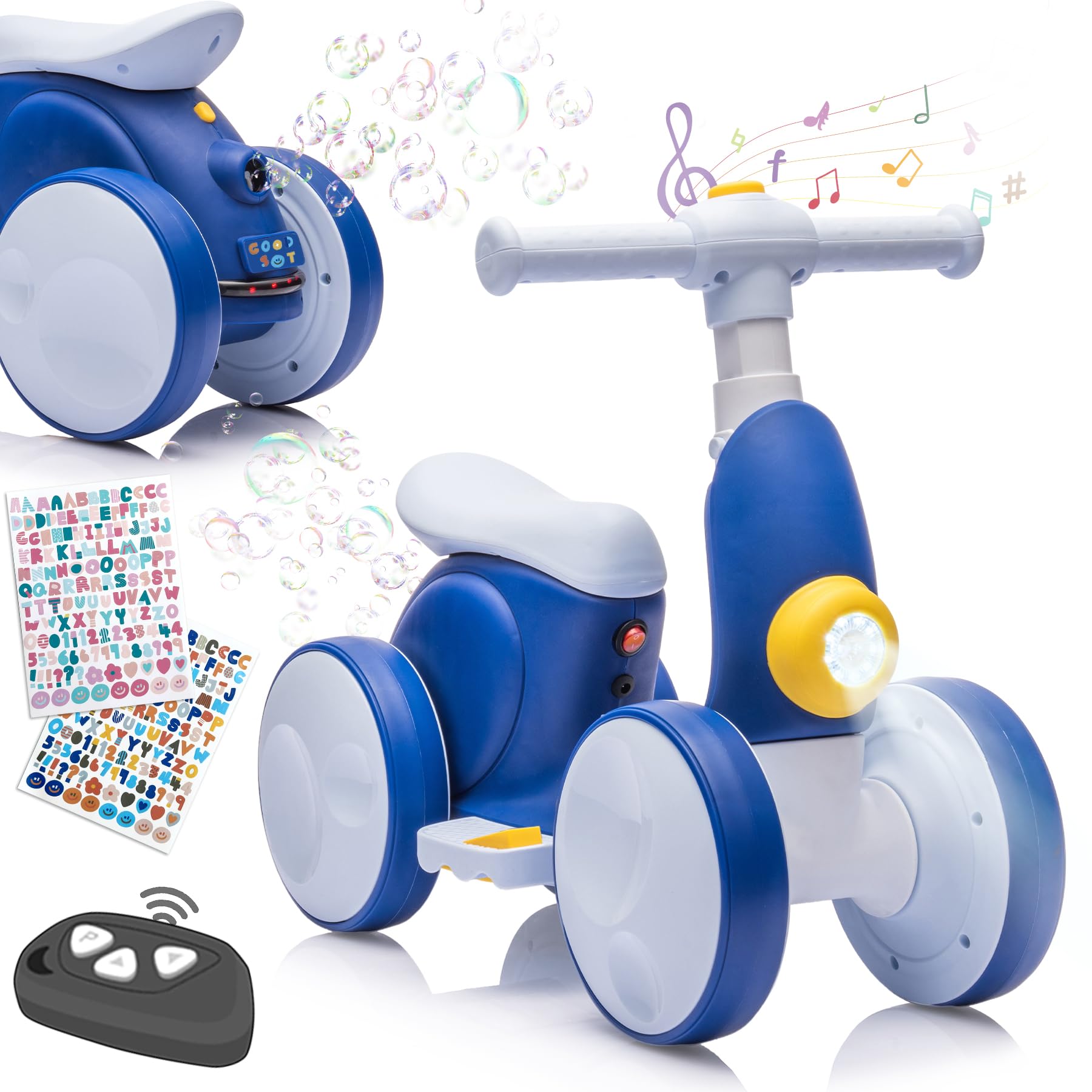 Electric Baby Balance Bike with Bubble Machine for 1 Year Old Boys Girls 4 in 1 Toddler Balance Bike 12-48 Month Kids Bubble Bike Ride Toys First Birthday Gift with Powered Motor,Music,LED Lights