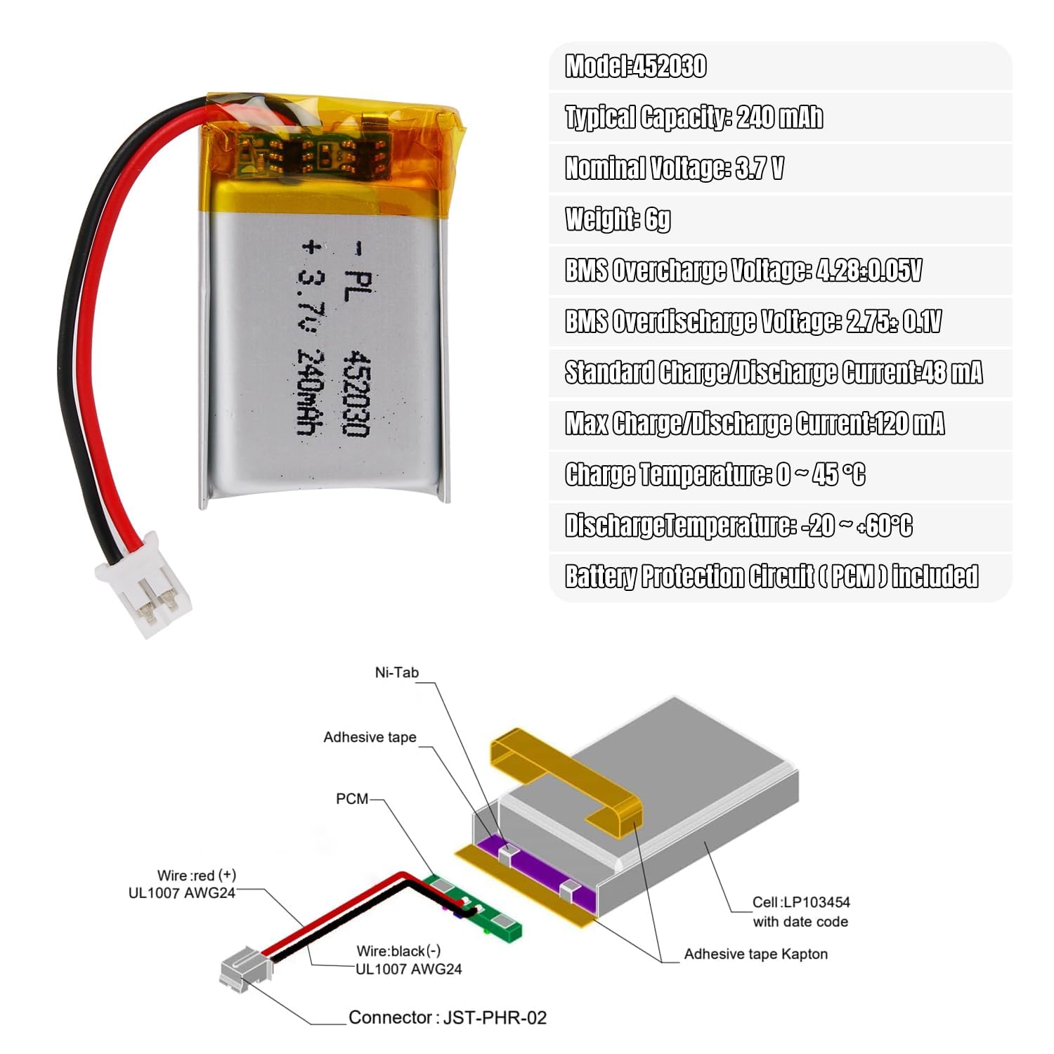 3.7V Lipo battery, 3.7V 240mAh 452030 Lithium Polymer Ion with 2P-PH connection with 2.0 mm pitch — view 5