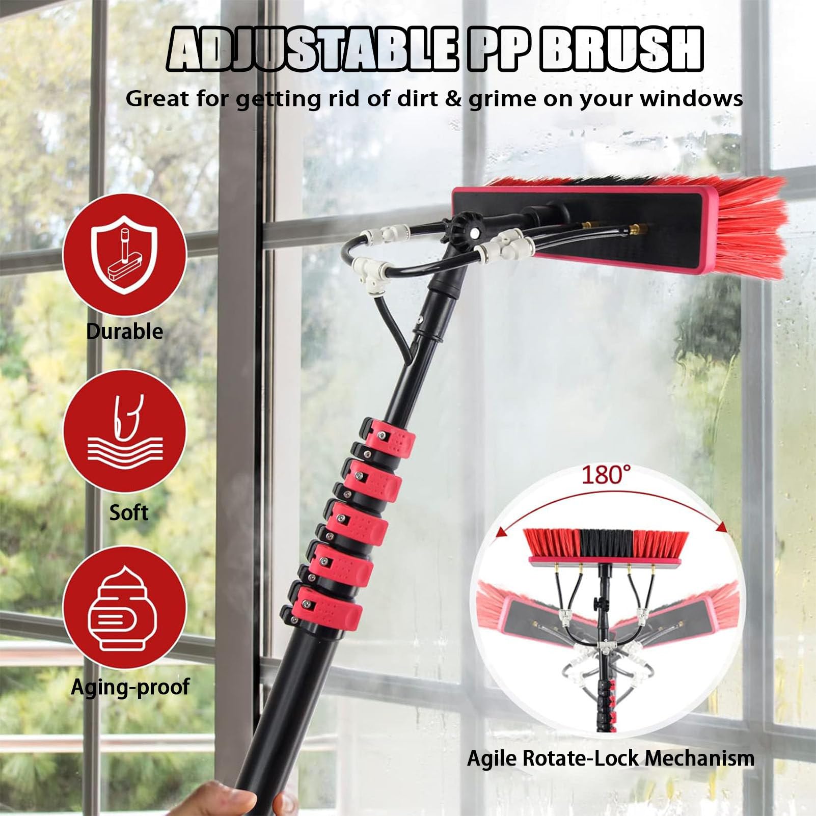 Kit de Cepillo cópico con alimentación de Agua - Herramienta de Limpieza Aadjustable para Paneles solares Ventanas y techos - De 35 cm a 9 m (29 torte) - Ideal para el