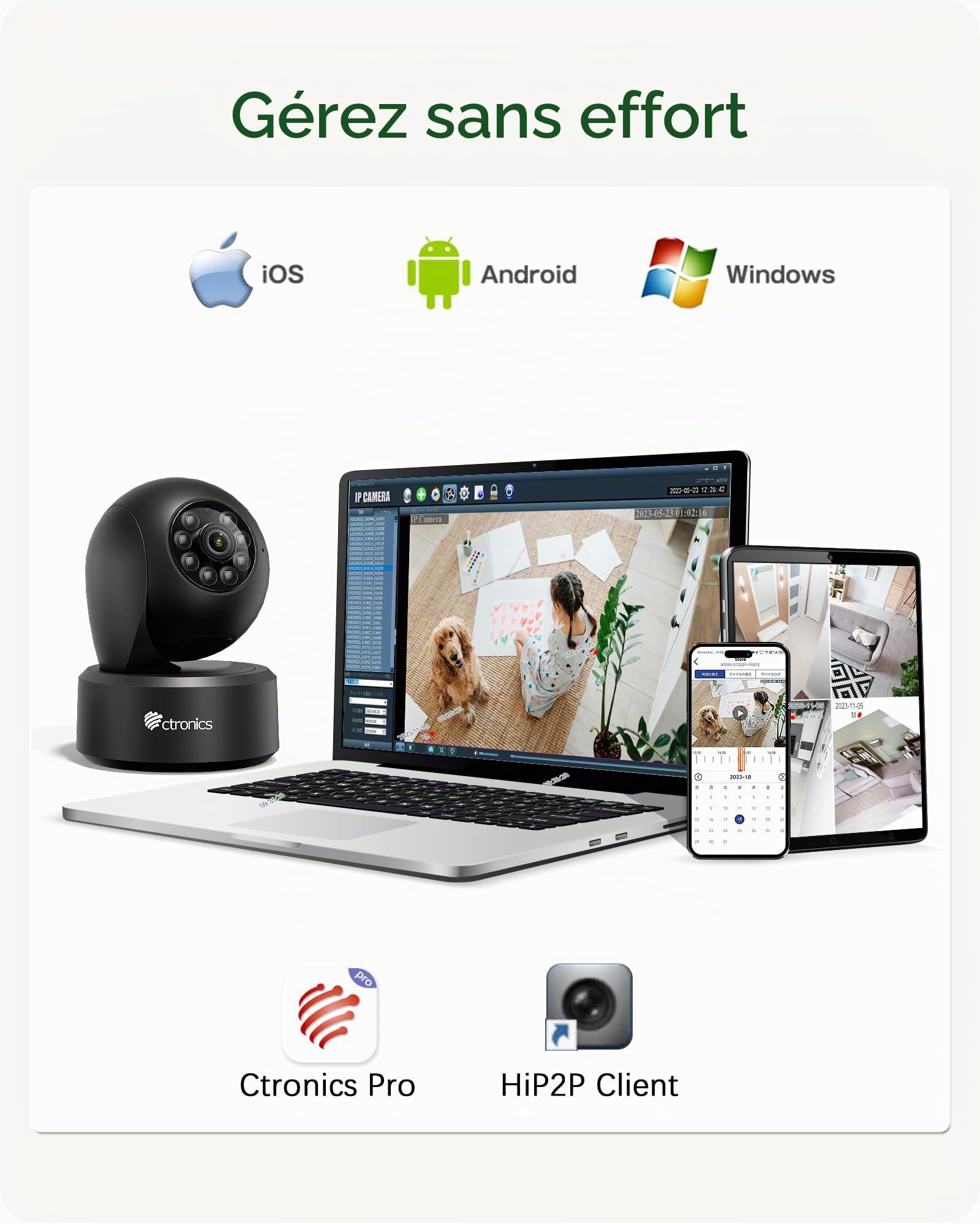 Ctronics 4K Caméra Surveillance WiFi Intérieure, Suivi Auto, Détection AI Humain/Animal, WiFi 2.4/5GHz, Cloud & 256Go TF, FTP/NVR/NAS, Vision Nocturne, 24/7, Smartphone & PC PTZ, 355° Pan/120° Tilt
