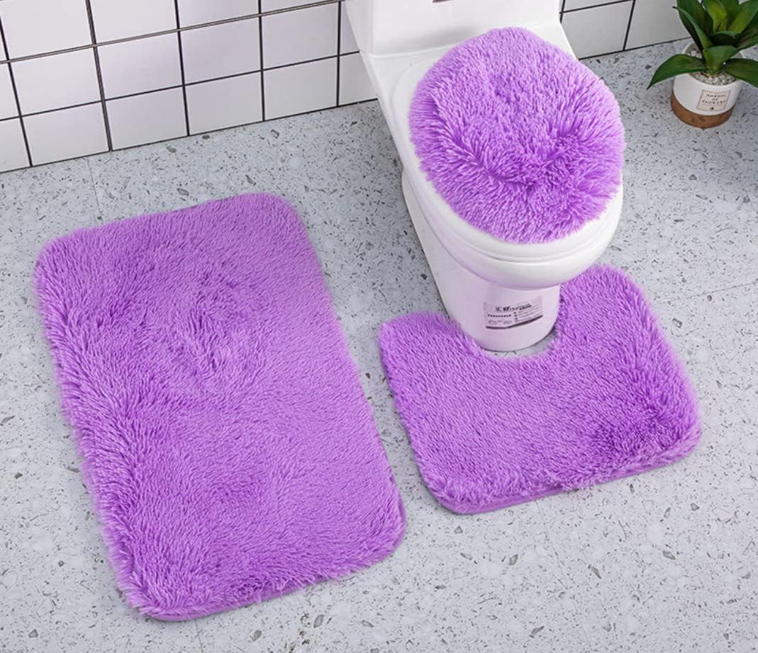 HIQUAY Light Purple Bathroom Rugs Sets 3 Piece Solid Color Toilet Seat Cover Non