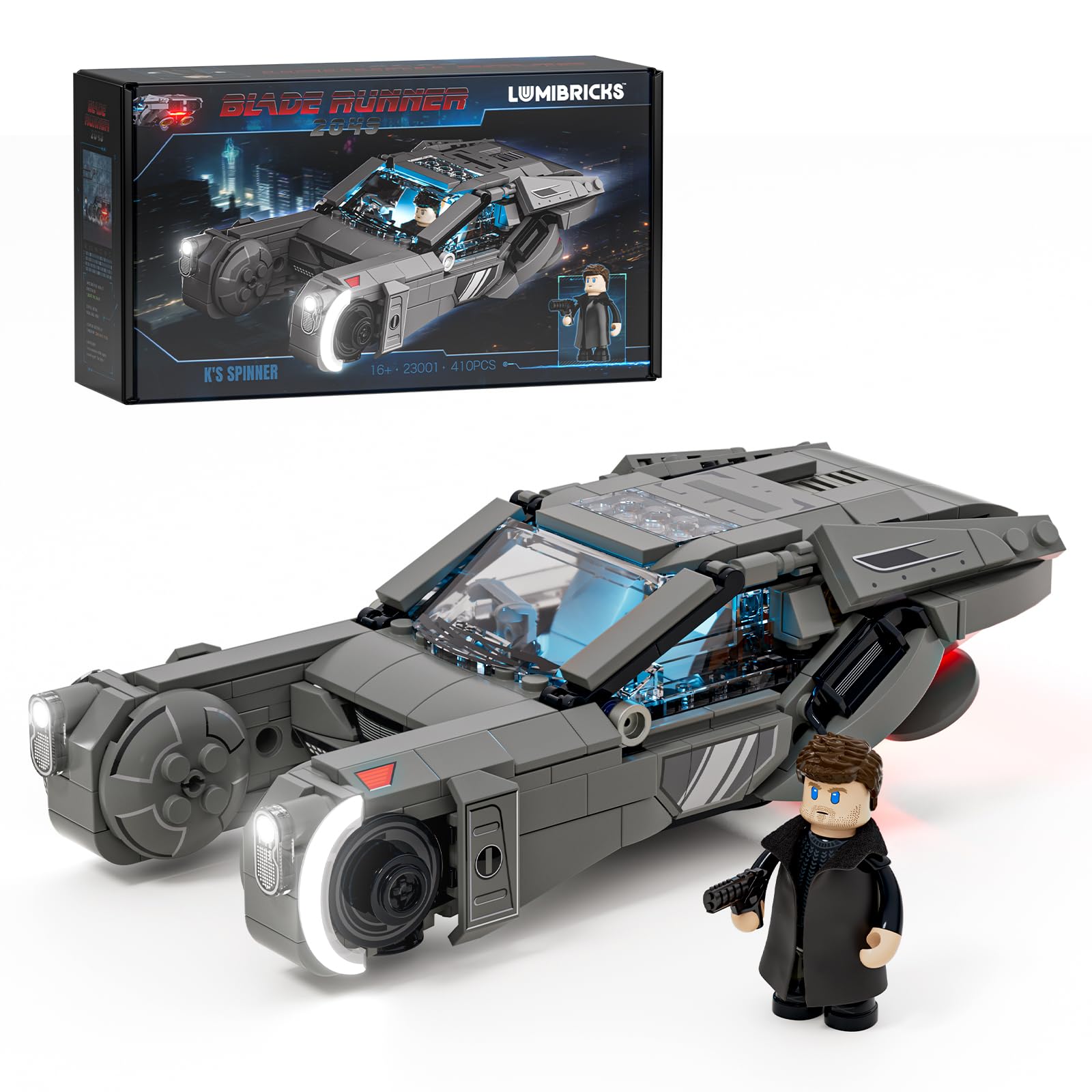 Lumibricks Blade Runner 2049 K’s Spinner Vehicle Building Set, Sci-Fi Flying Car Model with LED Lights, 410 PCS Cyberpunk Model Kit with K Figure, Adult Collectible Display
