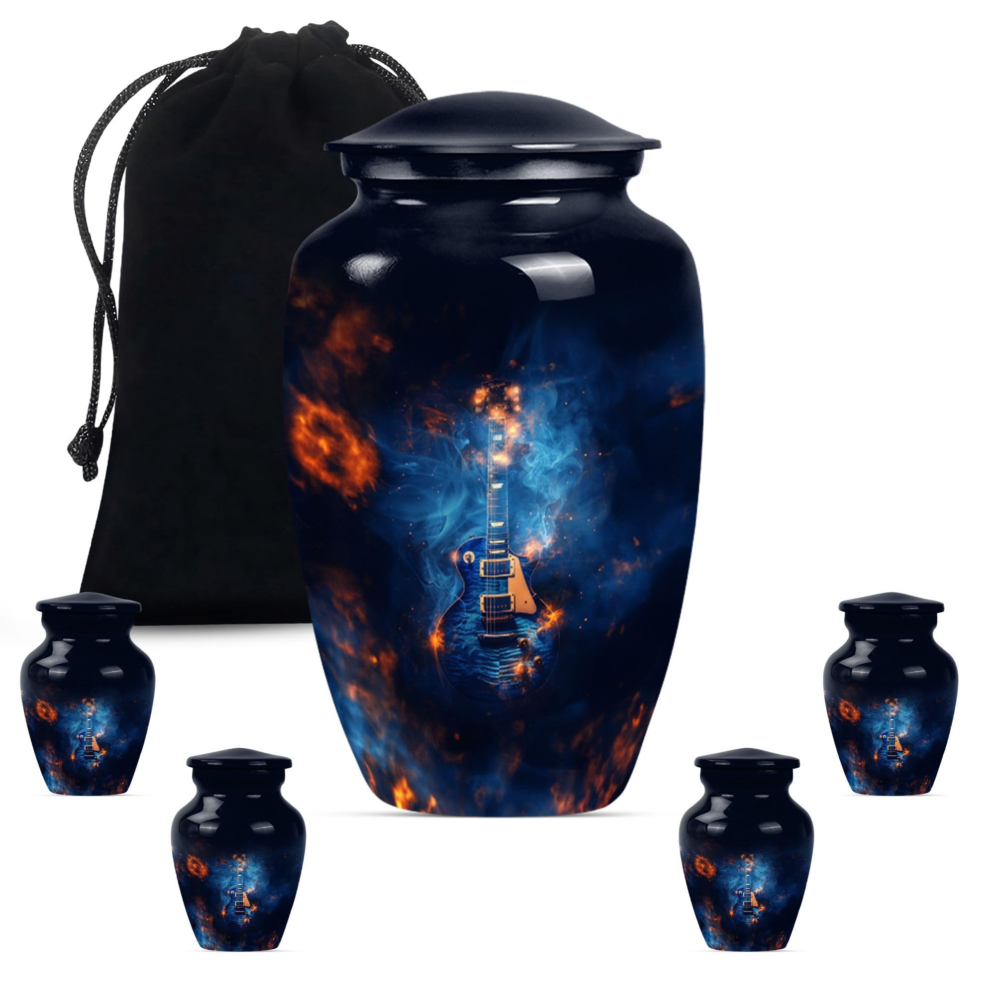 YATHABHISA Guitar Urn - Urns For Human Ashes Large - Funeral Urn For Ashes - Miniature Urn - Adult Urns Large & Small Keepsake For Father & Mother - Combo Of 1 Large Urn With Velvet Bag And 4 Small