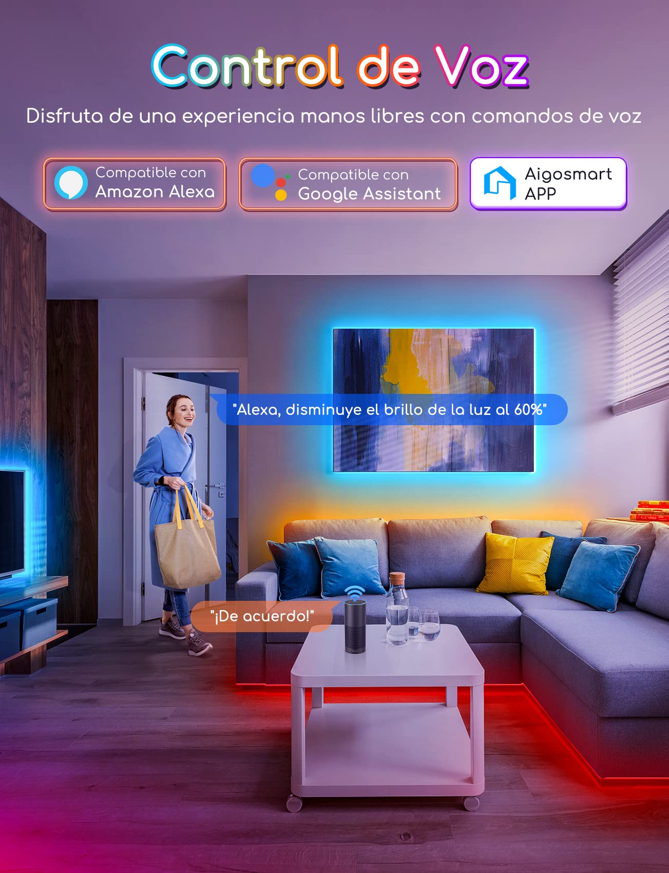 Aigostar Tira LED Alexa 20 M, Luces LED Habitacion Inteligente Compatible con Alexa, Google Assistant, Música DIY, Tira LED RGB para Habitacion, Cocina, Fiesta, Bricolaje, Decoración del Hogar