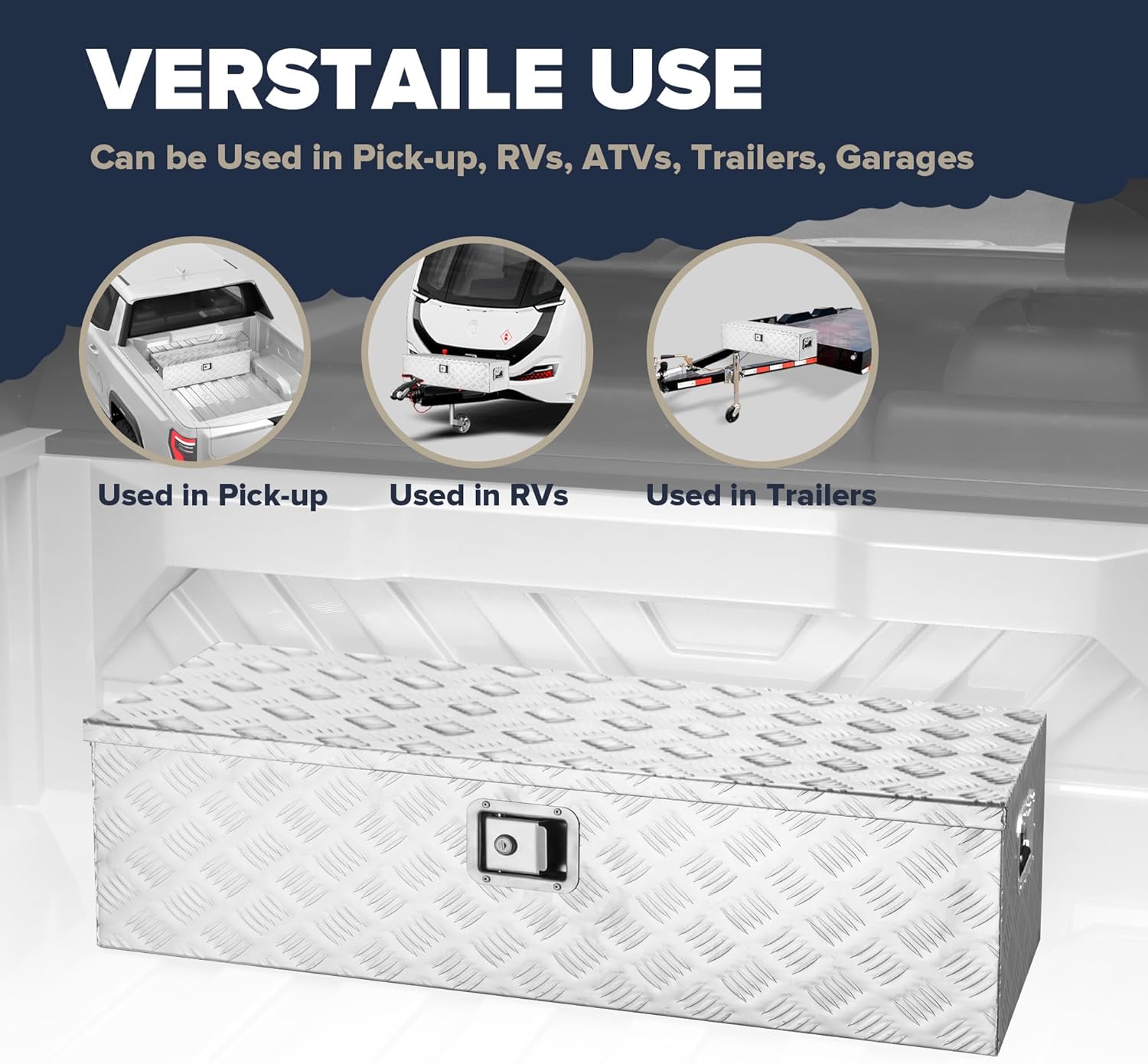ARKSEN 39" Heavy Duty Aluminum Truck Bed Tool Box, 5-Bar Tread Plate Pickup Truck Storage Toolbox with Side Handles, Lock & 2 Keys, Weather Resistant Tool Chest for Truck, RV, Trailer - Silver