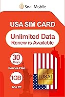 Vista 1 de SnailMobile Tarjeta SIM prepagada de EE. UU. 30 días de datos ilimitados, red 4G-LTE de 1 GB, funciona con dispositivos iOS y Android
