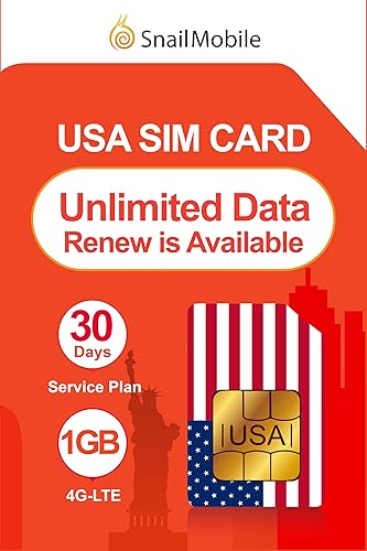 SnailMobile - Tarjeta SIM prepagada de Estados Unidos 30 días de datos ilimitados, red 4G-LTE de 1 GB, funciona con dispositivos iOS y Android