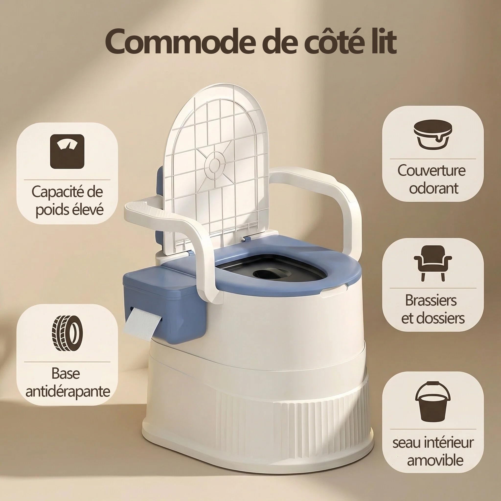 Chaise de Toilettes Portable avec Dossier et accoudoirs, Chaise de Toilettes compacte pour Camping-Car, Plein air, Personnes âgées et Femmes Enceintes, capacité de 150 kg, Facile à Nettoyer – Kaki