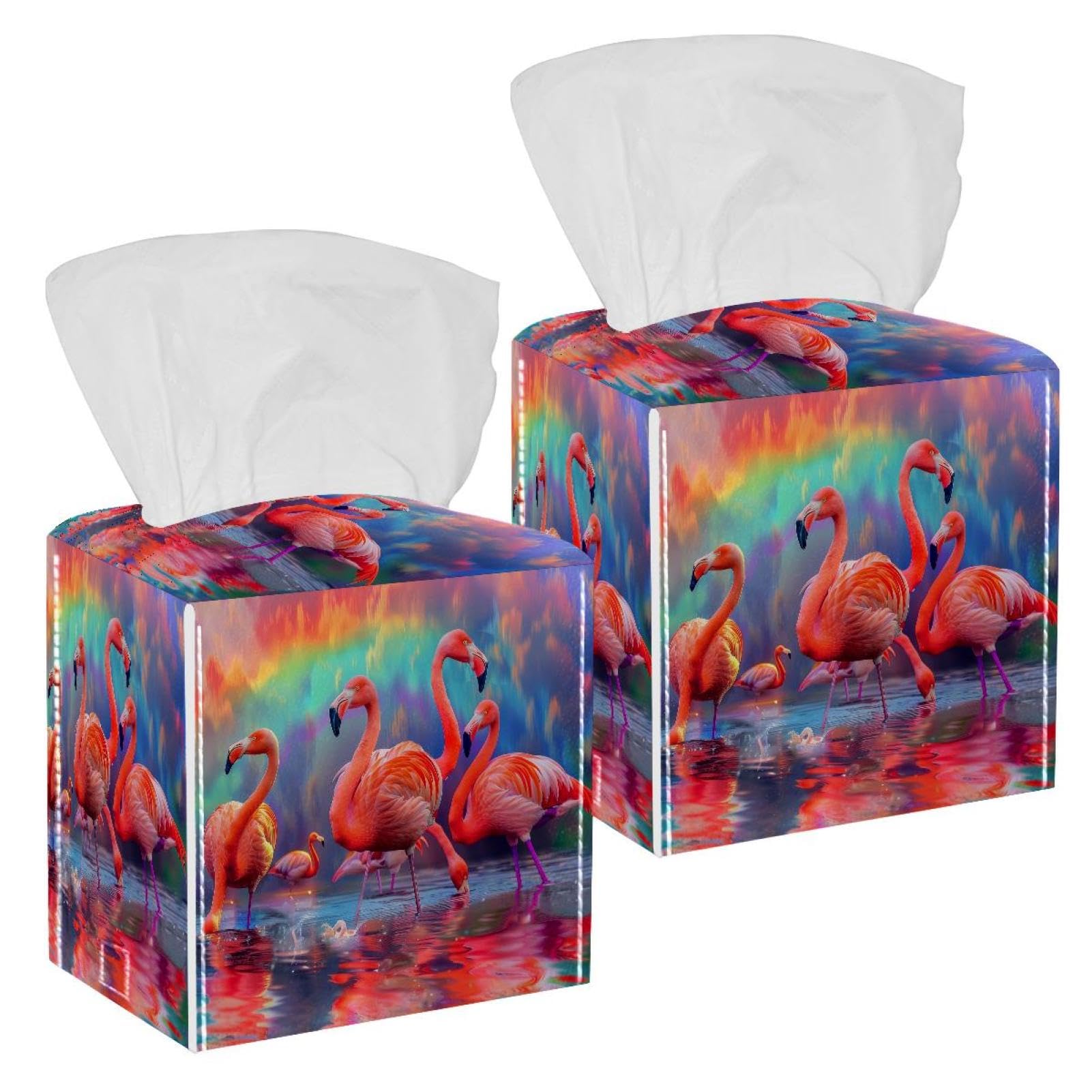 Flamingo Tissue Box Cover, 2 Pack PU Leather Square Facial Tissue Dispenser Box holder for Home Office Car