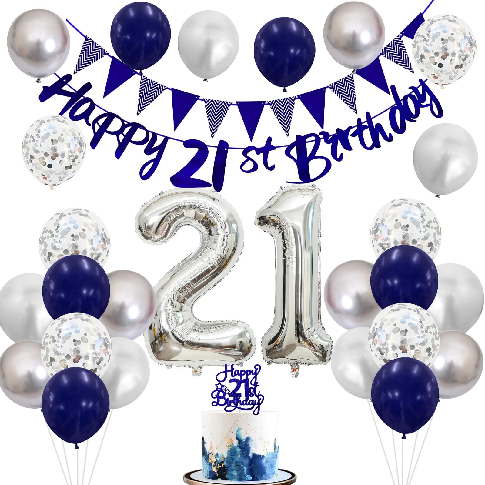 Blue Happy 21st Birthday Banner with Navy Blue Silver Balloons, 21 Birthday Cake Topper Number 21 Balloon for Him and Her