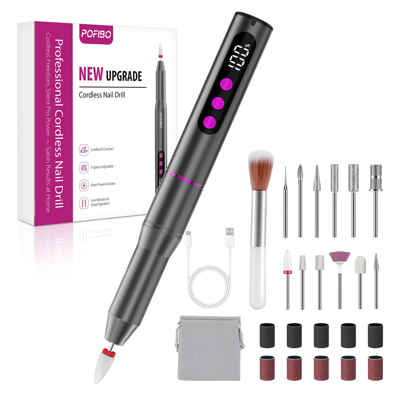 Nagelfräser Kabellose Elektrische Nagelfeile - 35000 U/Min Nagelfräser für Gelnägel, 12 IN 1 Professionell Fräser für Nägel & Acrylnägel, Maniküre Pediküre Set mit 5 Geschwindigkeiten，Nebelgrau