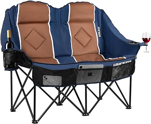 Silla de campamento doble de gran tamaño, portátil, plegable, para 2 personas, sillas de césped resistentes para adultos con cojín acolchado y