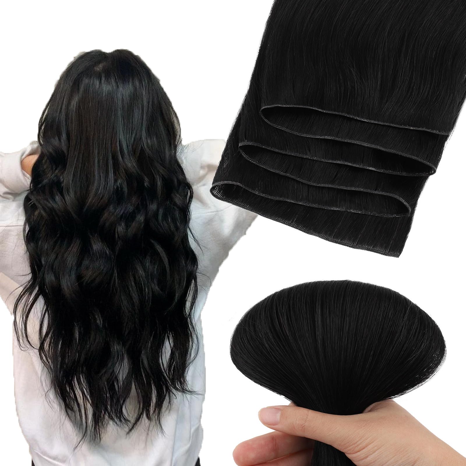 ABH AMAZINGBEAUTY HAIR Genius Weft Hair Extensions Human Hair Sew in Hair Extensions Real Human Hair Weft Extensions Hand Tied Virgin Hair 50G, #1 Jet