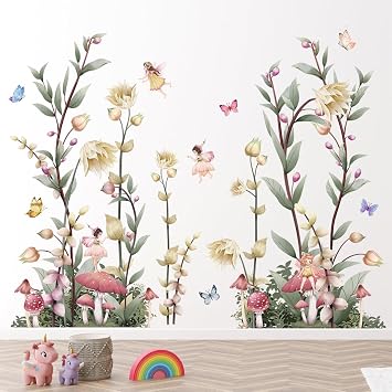 3 Sheets 12"x 36" Large Watercolor Fresh Plants Wall Decor Leaf and White Flowers Wall Stickers DIY Peel and Stick Mushroom Princess Girls Wall Decals for Girls Bedroom Nursery Living Room Decoration