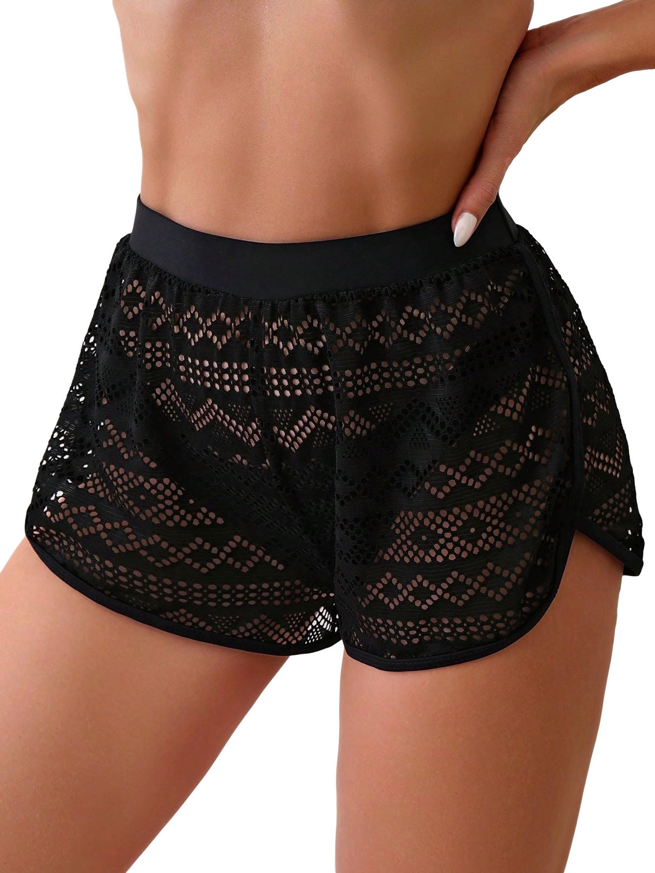 GORGLITTER Women's Crochet Cover Up Shorts Hollow Out Sheer Lace Bikini Swimsuit Summer Beach Shorts