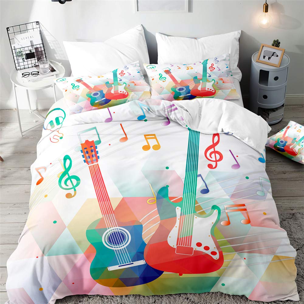 Surwin Men's Music Bedding Set Microfiber 3Pcs For Double Single Size, 3D Guitar Duvet Cover Set With Printing Quilt Cover & 2 Pillowcases For King Super King Adult Kids (,Double 200X200cm)