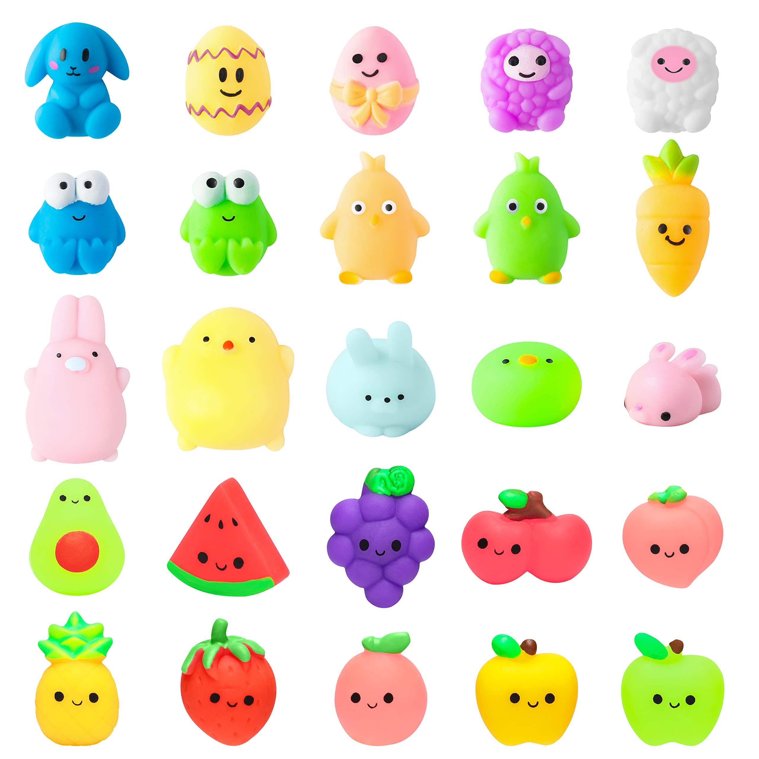 WATINC 25Pcs Easter Mochi Squeeze Toys for Easter Party Favor, Soft Kawaii Easter Bunny Chick Fruit Rabbit Stress Relief Hand Toys Fidget Toy, Birthday Gift for Kids, Easter Party Supplies