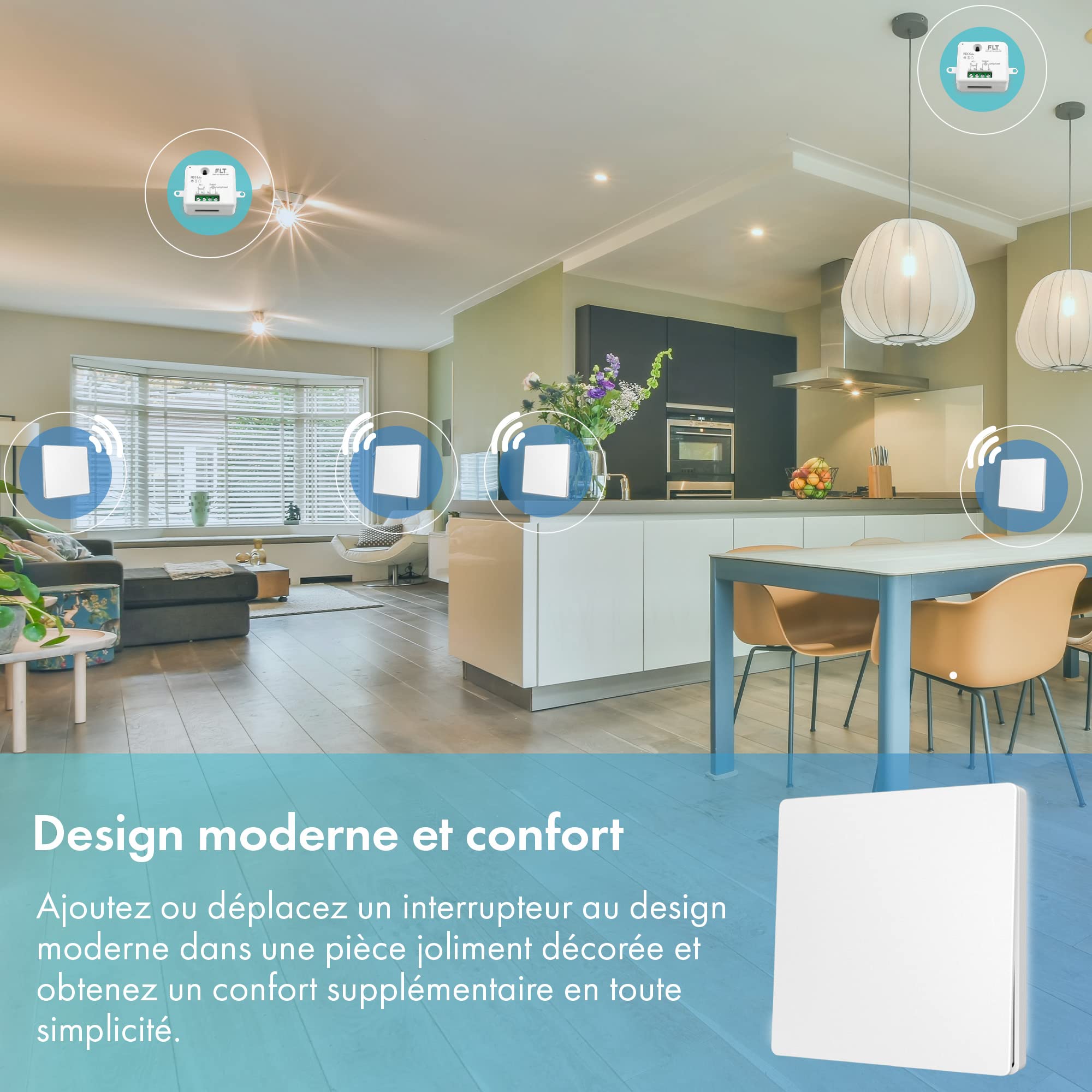 Interrupteur sans fil et sans pile Auto alimenté - Écologique - Qualité Pro - Va et vient RF 5 télécommande + 1 relais radio encastrable - Longue Distance - Intérieur Extérieur IP64
