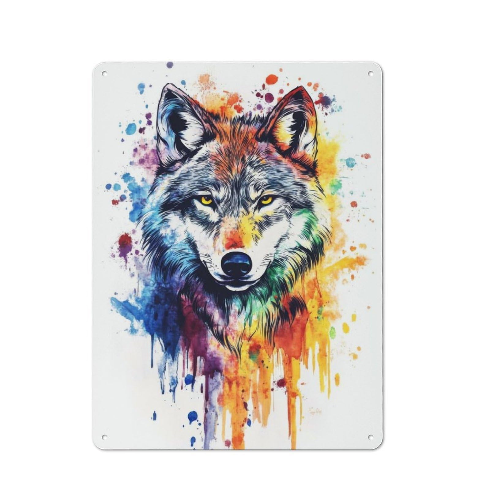 Junmoney Colorful Wolf Watercolor Rustic Metal Plaque 40X30cm For Hobby Room Or Studio, For Vintage Wall Decor Fans, For Garage And Workshop Walls