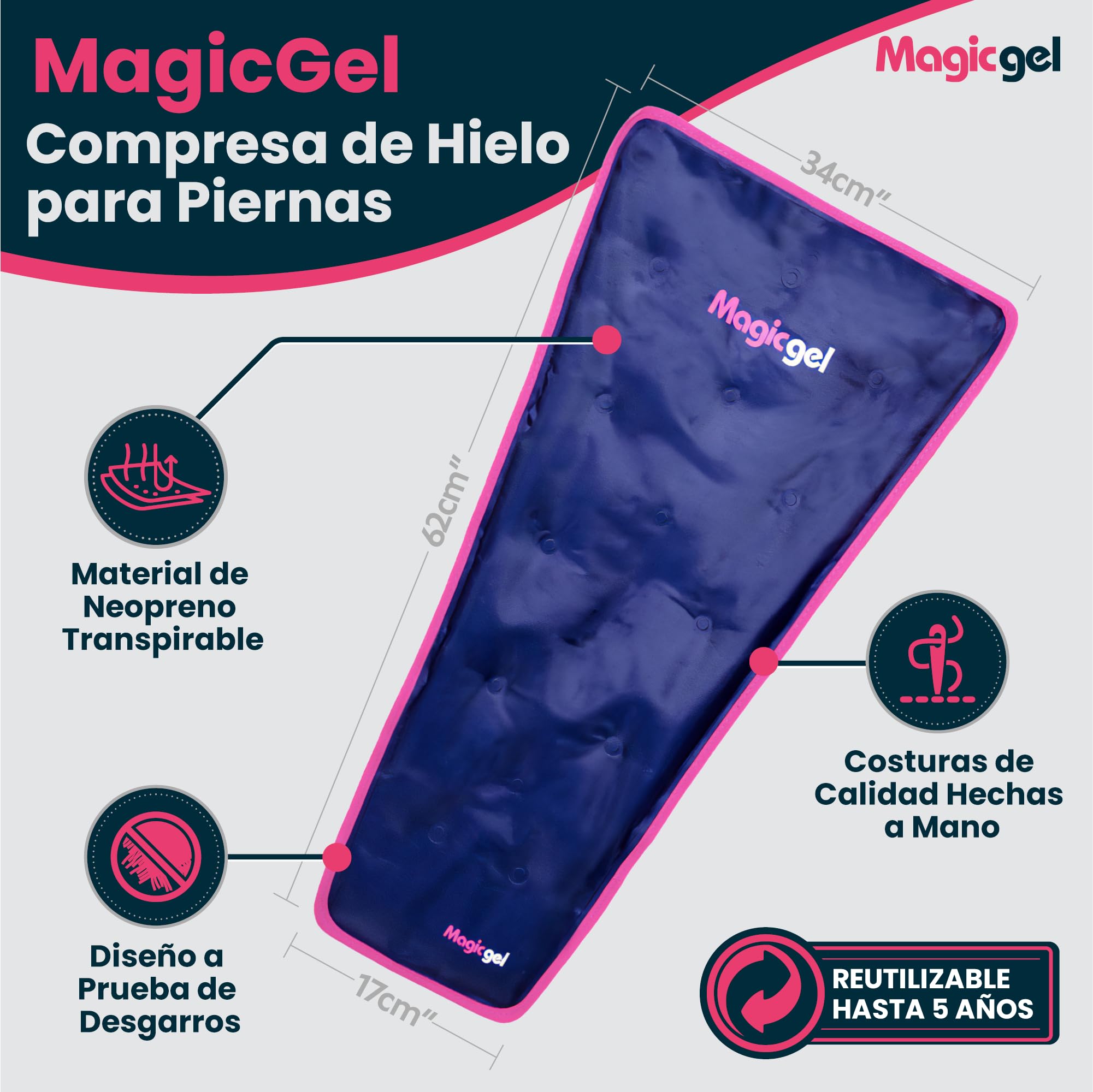 Magic Gel Bolsa Gel Frio para Lesiones de Piernas - Bolsa Hielo Lesiones Cubre Toda la Pierna 62 cm - Reduce Dolor Hinchazón e Inflamación - Reutilizable para Esguinces Artritis y Más
