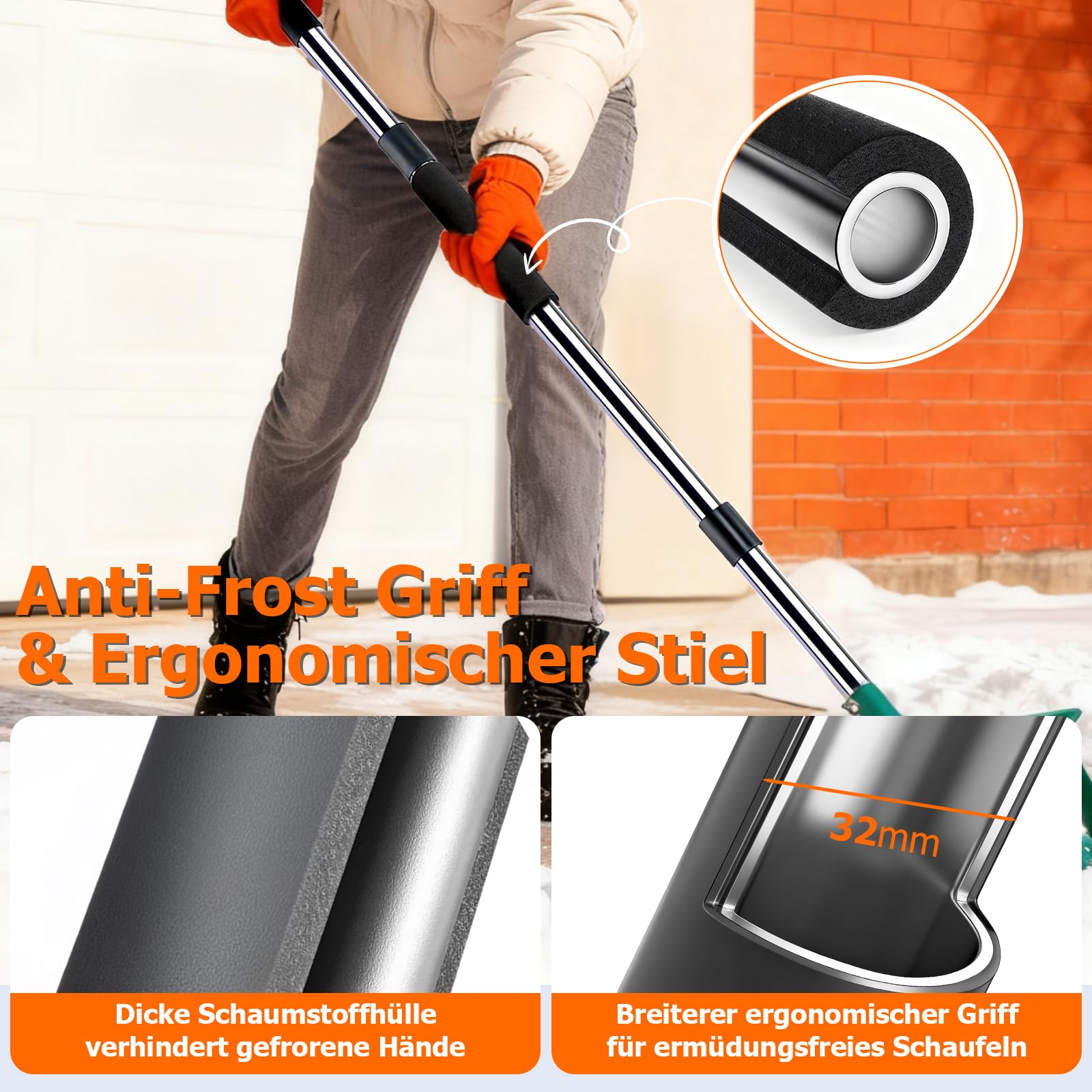 Schneeschaufeln mit 163cm Langstiel, Hochfester Metall-Schneeschieber mit 41cm Breiter Schaufel, Lang Ergonomischem Griff & Anti-Frost-Schaum für Schneeräumung von Einfahrt, Auto, Mulch, Erde, Garten