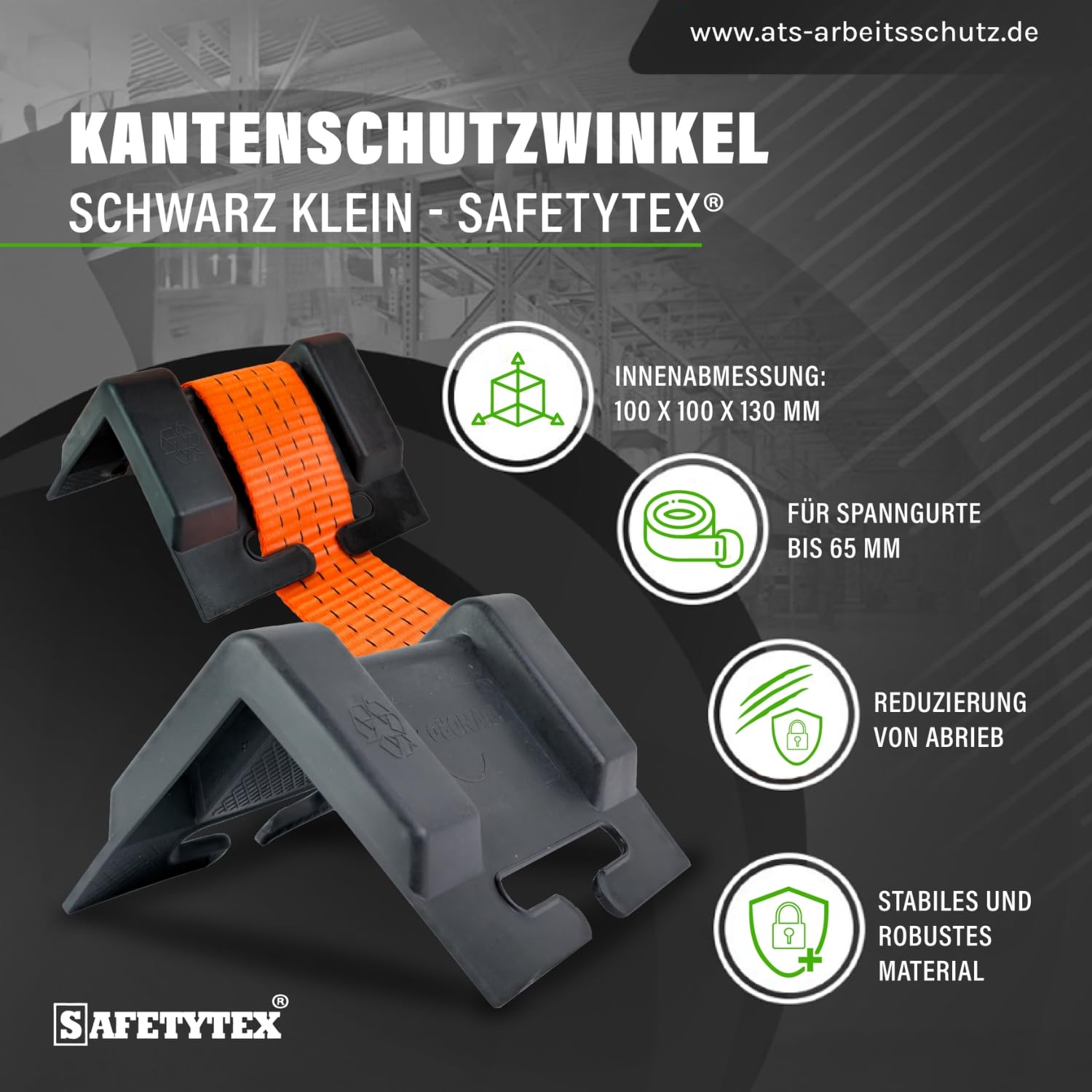 Safetytex Kantenschutzwinkel aus Kunststoff - Stabiler Schutz für Ihre Ware - Für Spanngurte bis 65 mm - 100 x 100 x 130 mm - Gurtfixierung durch Seitenführung - Druckpunktverlagerung (50 Stück)