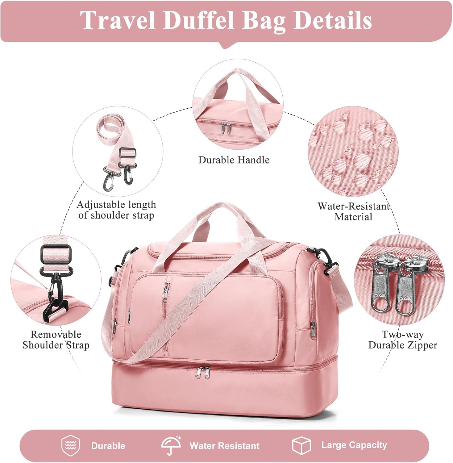 Travel Duffle Bag, Weekender Bags for Women,Carry On Overnight Personal Item Travel Bag with Shoes Compartment,Pink - Image 6