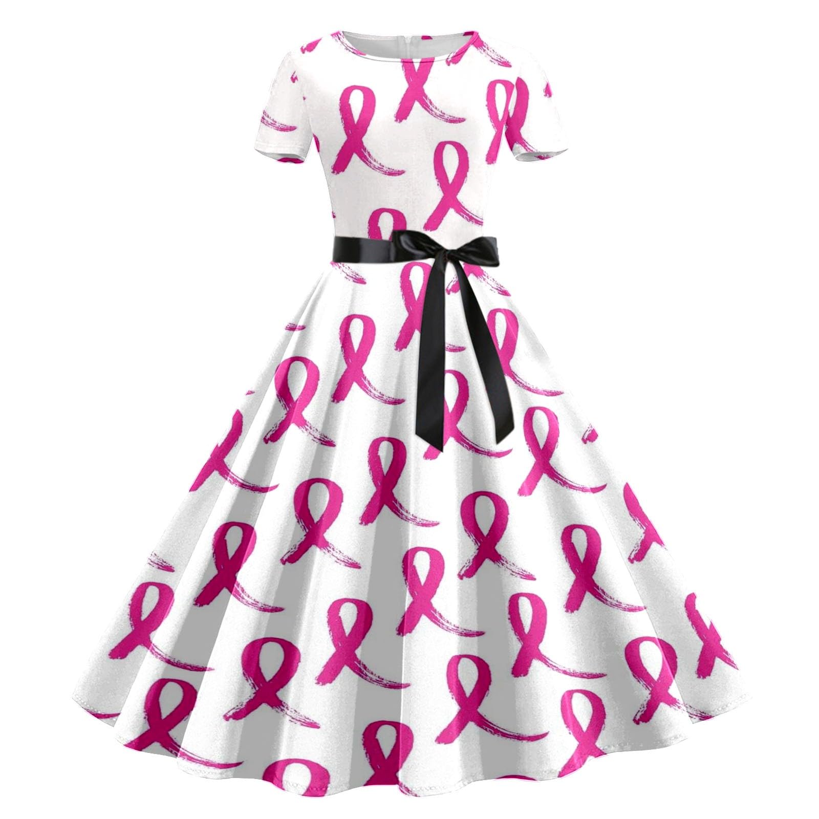 Robe Sans Manches Vintage Octobre Rose - Motif Cœur Et Ruban Rose | Robe Pin-Up Rockabilly Pour Sensibilisation Cancer Du Sein