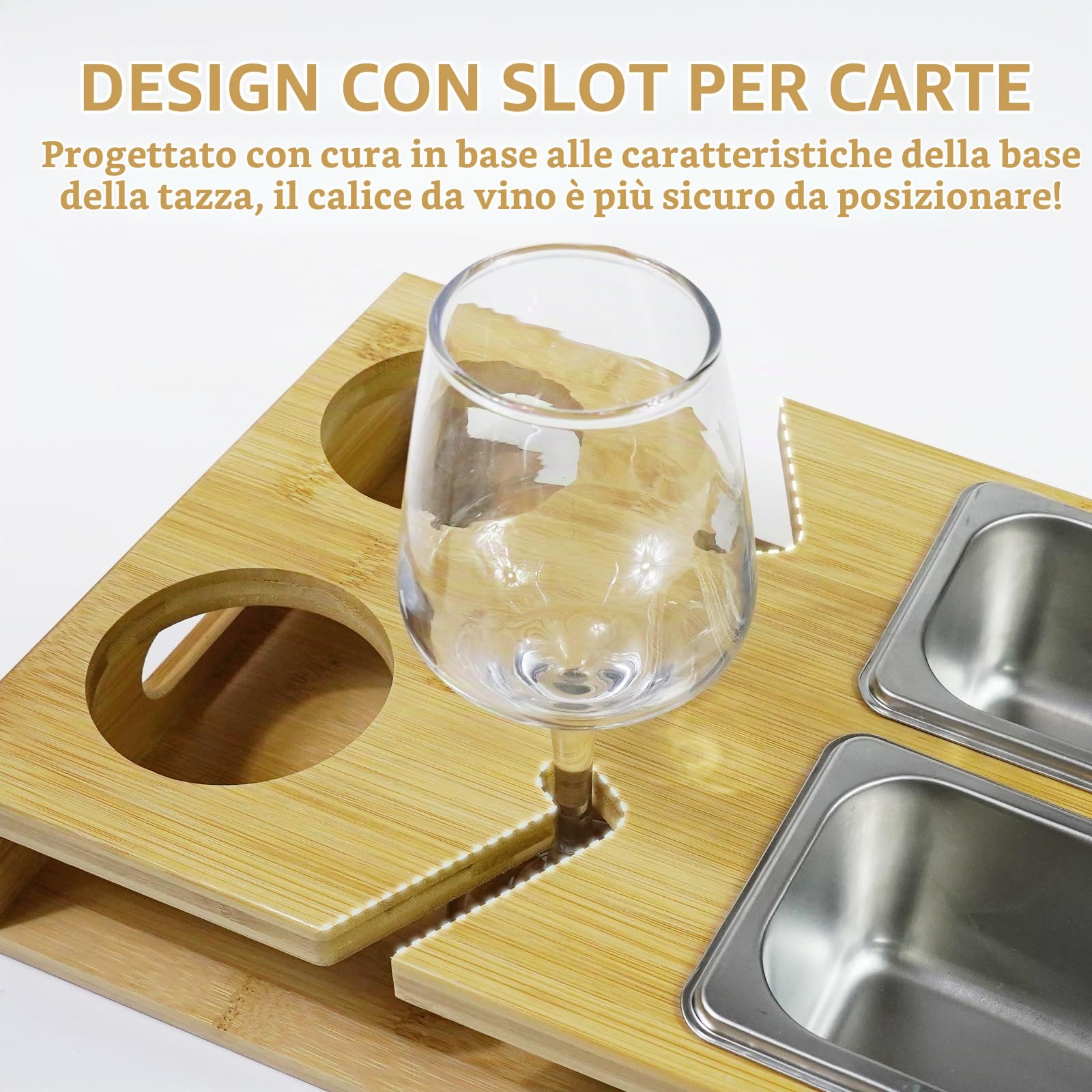 Vassoio da Divano in Bamboo - Portabicchiere da Vino Rettangolare Con 2 Ciotole per Snack in Acciaio Inossidabile - Adatto per Soggiorno, Picnic e Ristorante