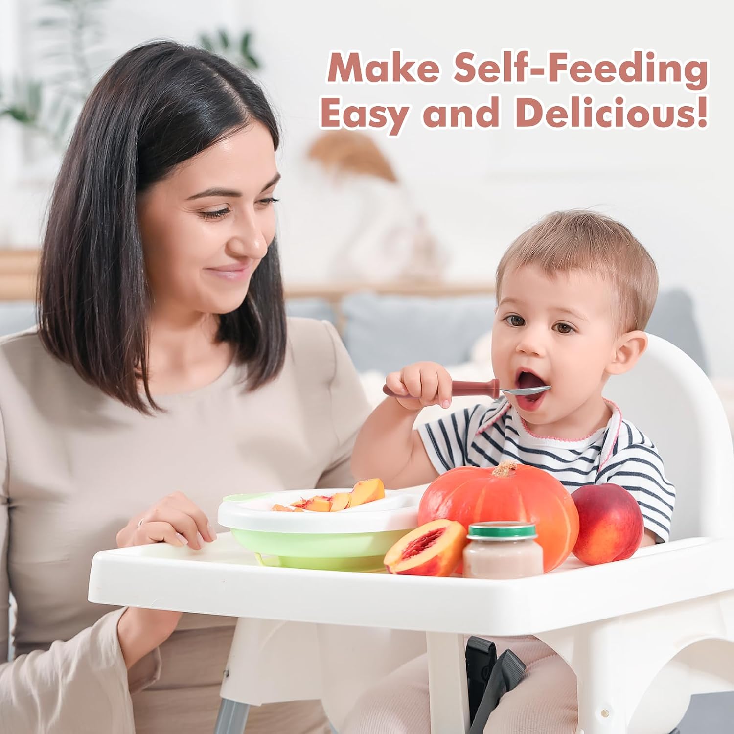 DRKIO 8 PCS Toddler Spoons Set - Baby Spoons with Silicone Handle Children safe 18/8 Stainless Steel Toddler Utensils Set for Self Feeding Kids Silverware Anti-Choke Design Food Grade Dishwasher Safe