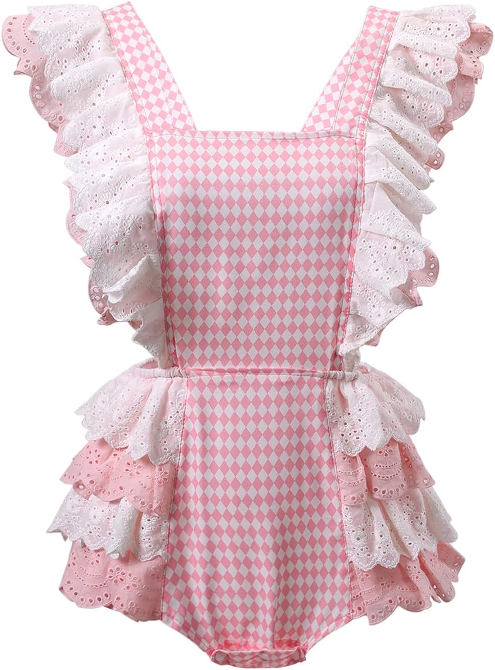CutiePlusU Cotton Button Crotch Bodysuit Onesie Pajamas- Lace Diamond Check Overalls
