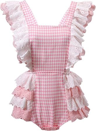 CutiePlusU Cotton Button Crotch Bodysuit Onesie Pajamas- Lace Diamond Check Overalls