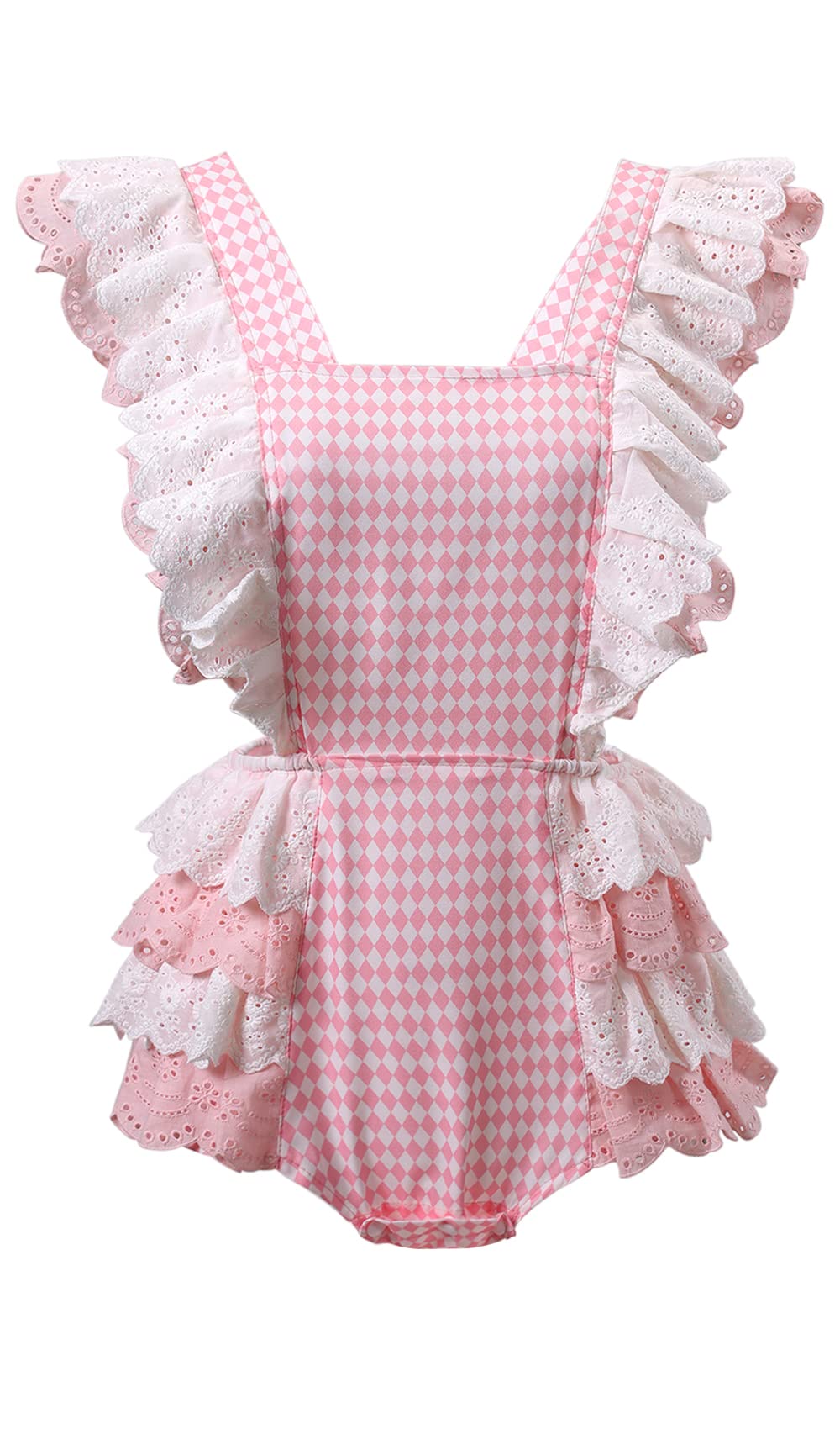CutiePlusU Cotton Button Crotch Bodysuit Onesie Pajamas- Lace Diamond Check Overalls