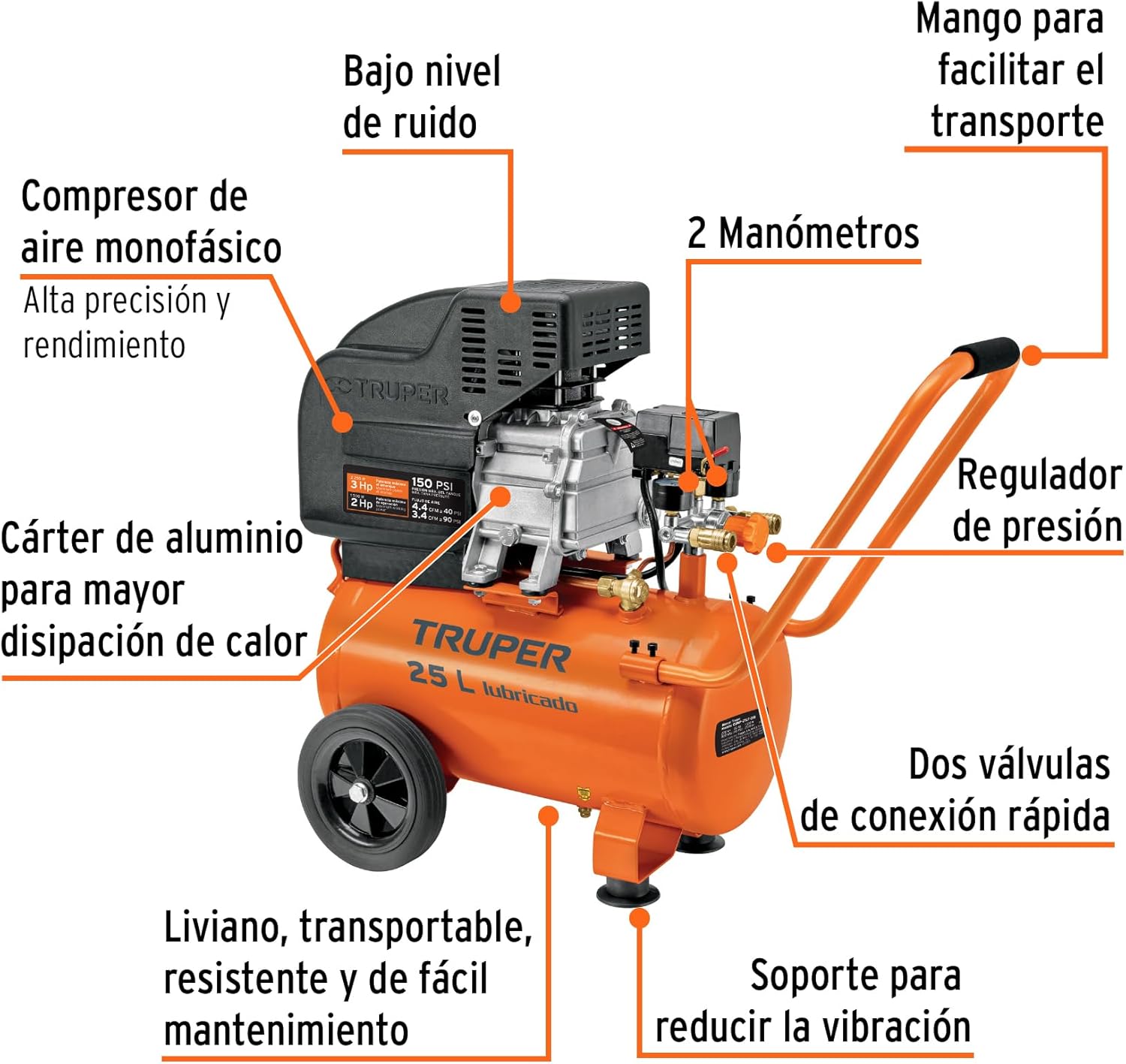 Horizontal compressor 25 L, 3 HP (maximum power), 120 V