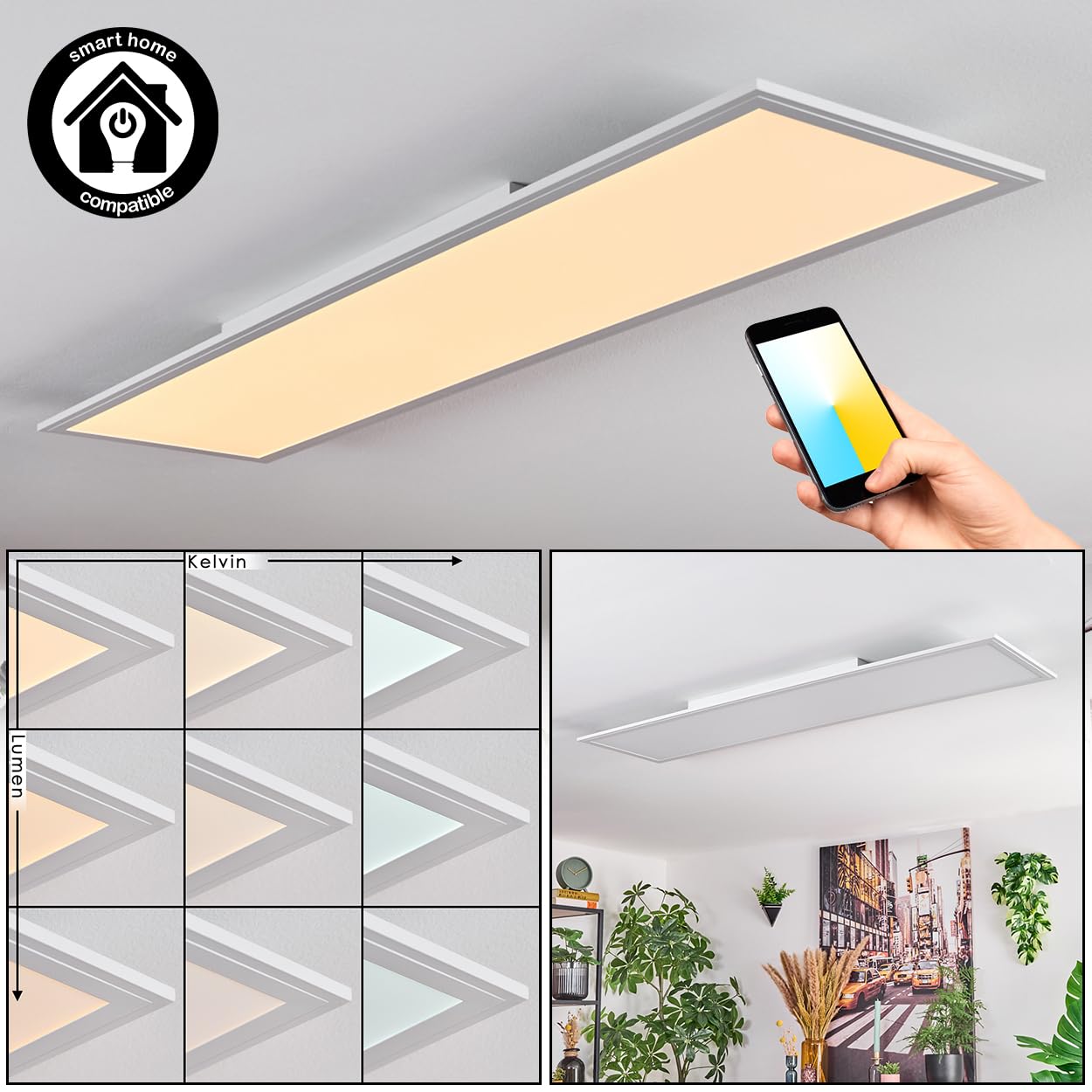 HOFSTEIN LED Deckenpanel Belan, dimmbare Deckenleuchte aus Metall/Holz/Kunststoff in Weiß/Natur, 37 Watt, 3900 Lumen, 2700-6500 K, CCT einstellbar, Smart Home/App, Wohnzimmer, Schlafzimmer, Küche
