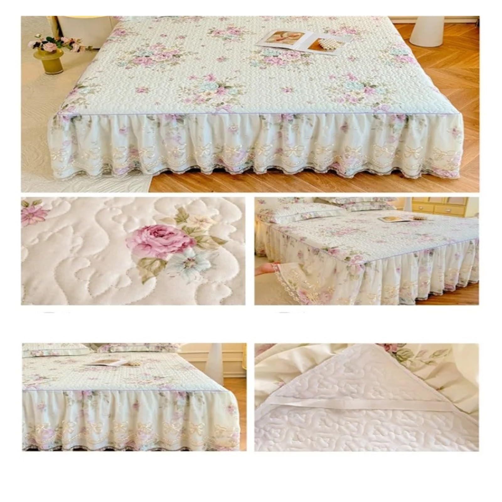Falda de Cama Impresa Falda de Cama Acolchada Princesa, Funda colchón Gruesa Encaje romántico, Colcha niña con decoración Floral Rosa