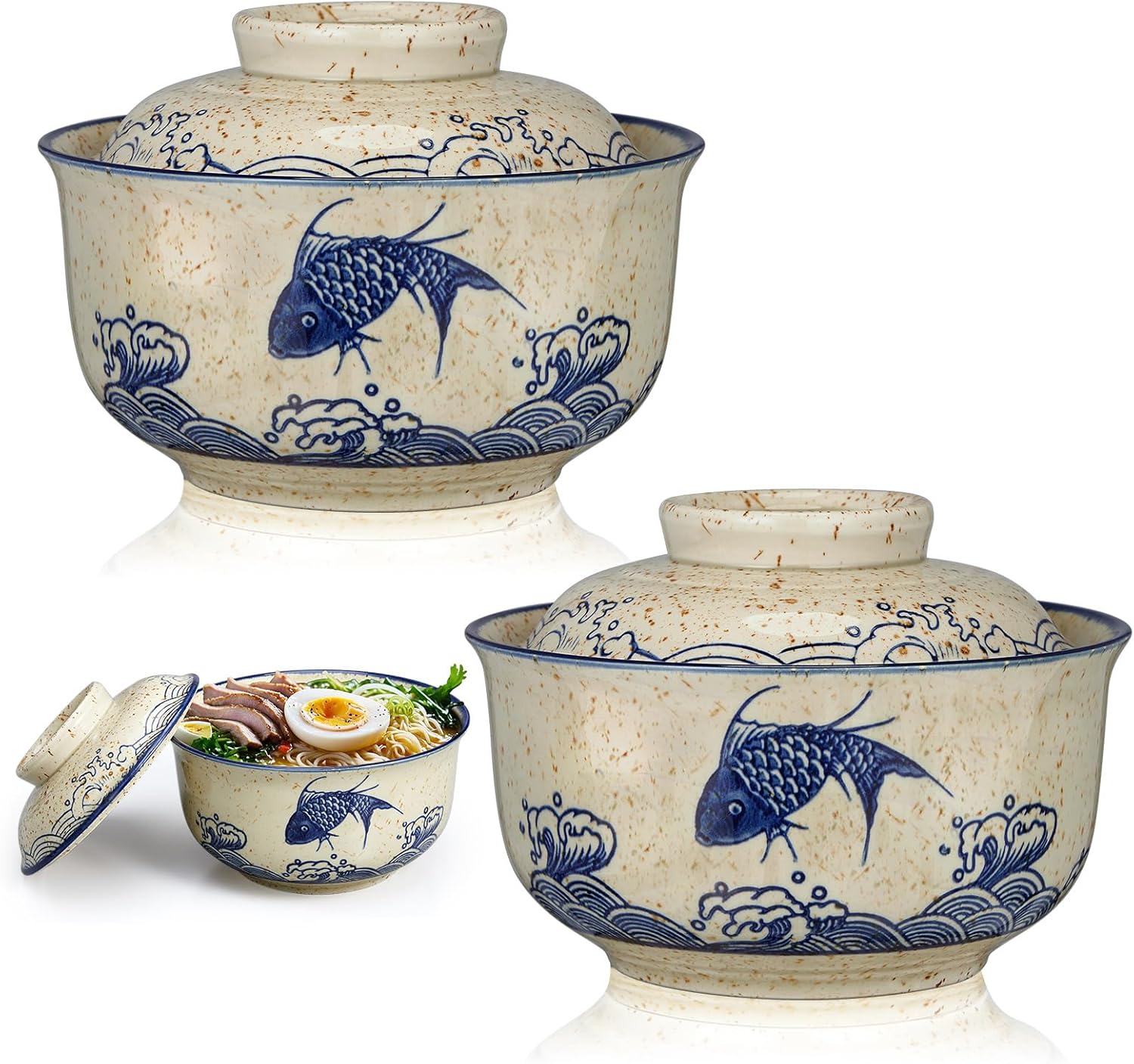Ramen Bowl Set of 2 Ceramic Ramen Bowl with Lid 25oz Microwave Clay Pot Traditional Japanese Tableware Korean Clay Pot for Christmas Soup Salad Meal Rice Home Office(Blue,Oatmeal,Stylish)