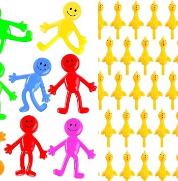 POPLAY 102PCS Fun Fidget Toys Set Smile Face Bendable Men & Flying Rubber Chickens for Party Favors, Stress Relief, Classroom Prizes, Birthday Goodie Bag Stuffers