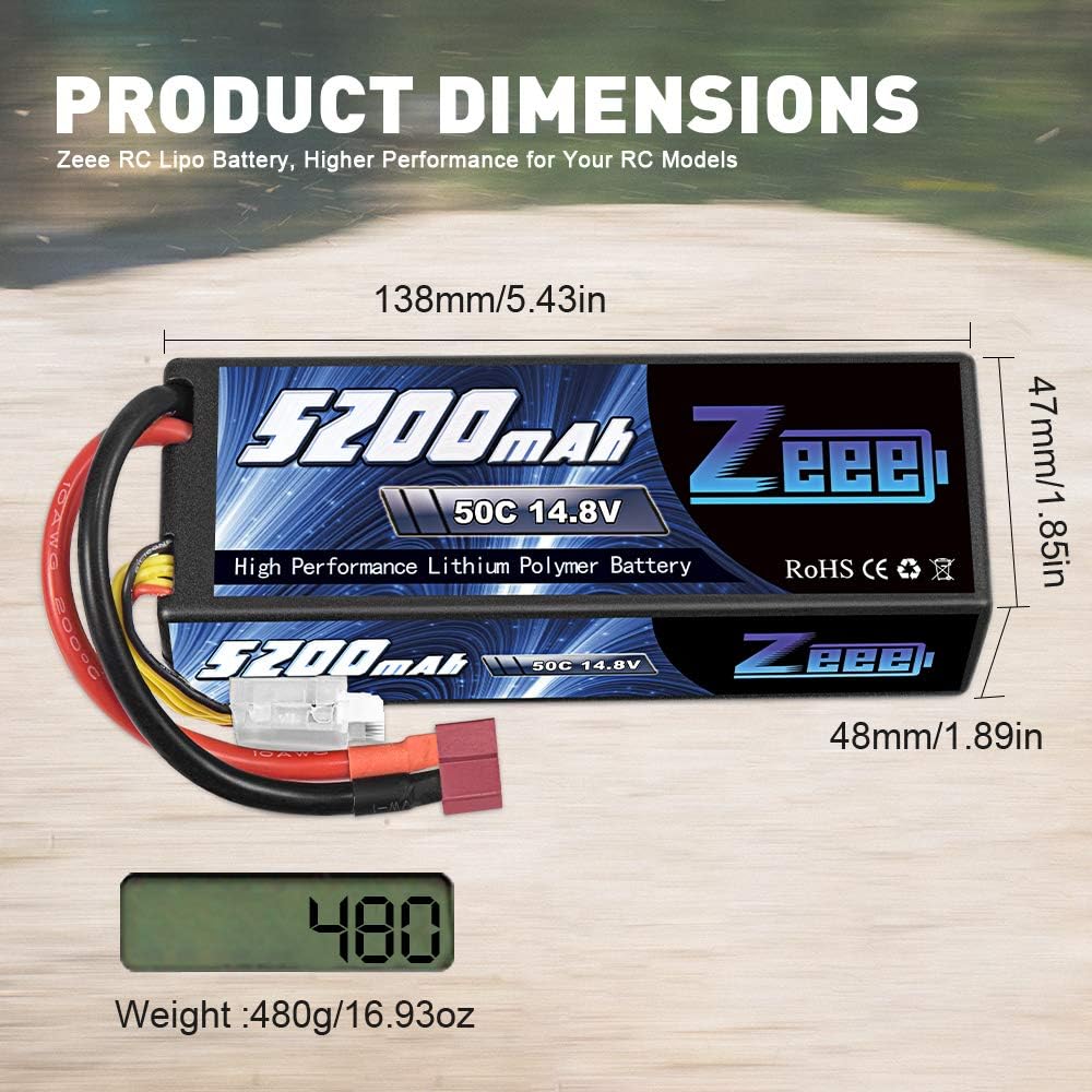 Zeee 4S Lipo Battery 5200mAh 14.8V 50C Hard Case Battery T Connector 1 Pack Battery with 1 Pcs Lipo Safe Bag Fireproof Explosionproof Bag for Storage Charging