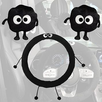 Car Headrest Pillow & Steering Wheel Cover Set with Cute Big-Eyed Furball Travel Neck Support Pillow Fur Car Interior Accessory Black 3Pcs Set