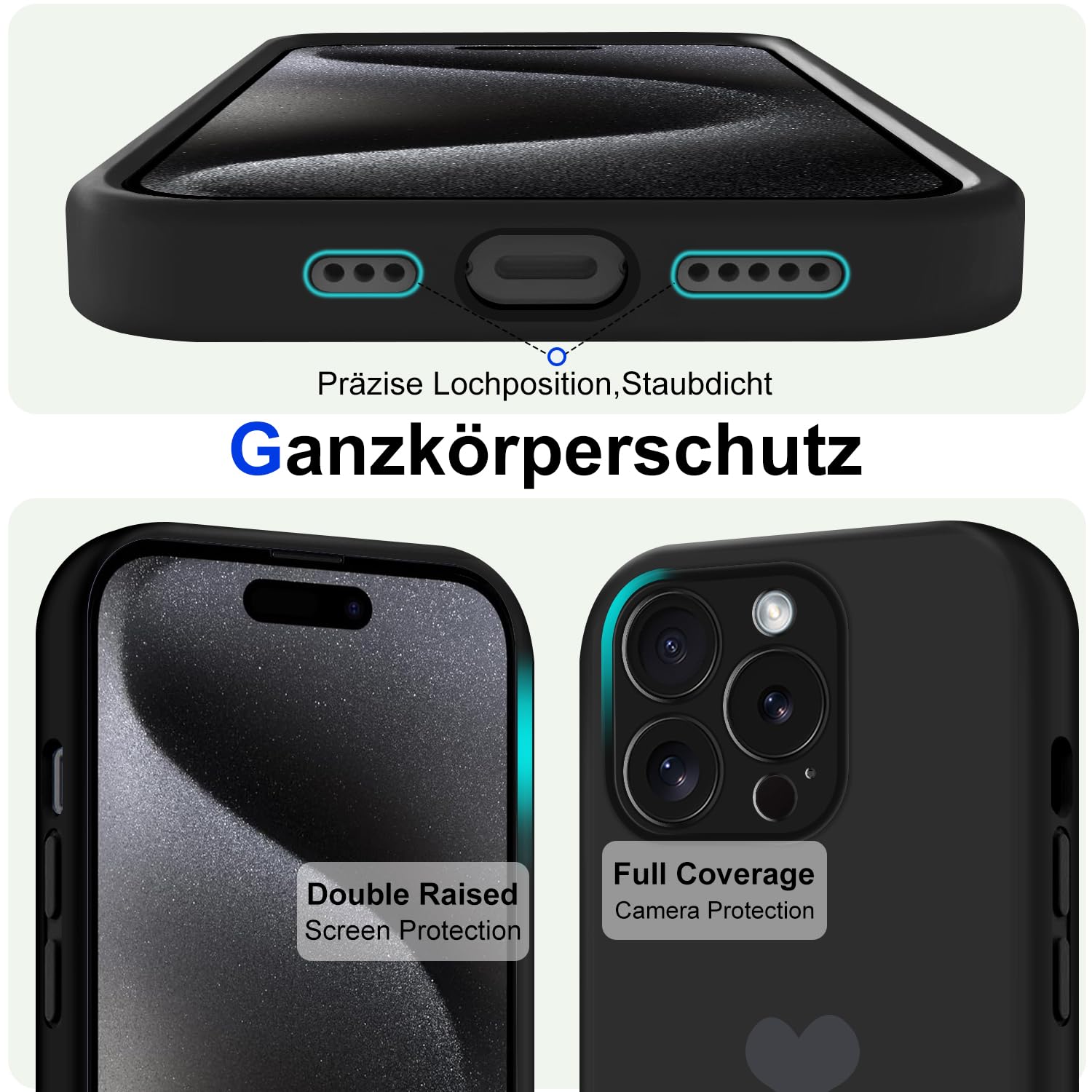 Giyer Silikon-Handyhülle Für IPhone 14 – Mit Herz-Motiv, Schutzfolie & Weichem Futter, Schwarz