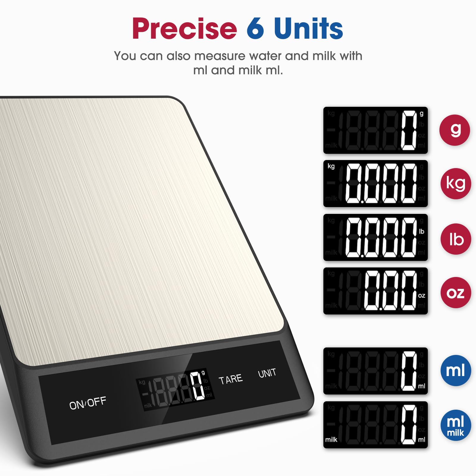 Mik-Nana Bilancia digitale da cucina con 6 unità funzione tara e display LCD, 5 kg in acciaio inox, peso grammi e once per cottura, cottura e preparazione dei pasti (batterie incluse)