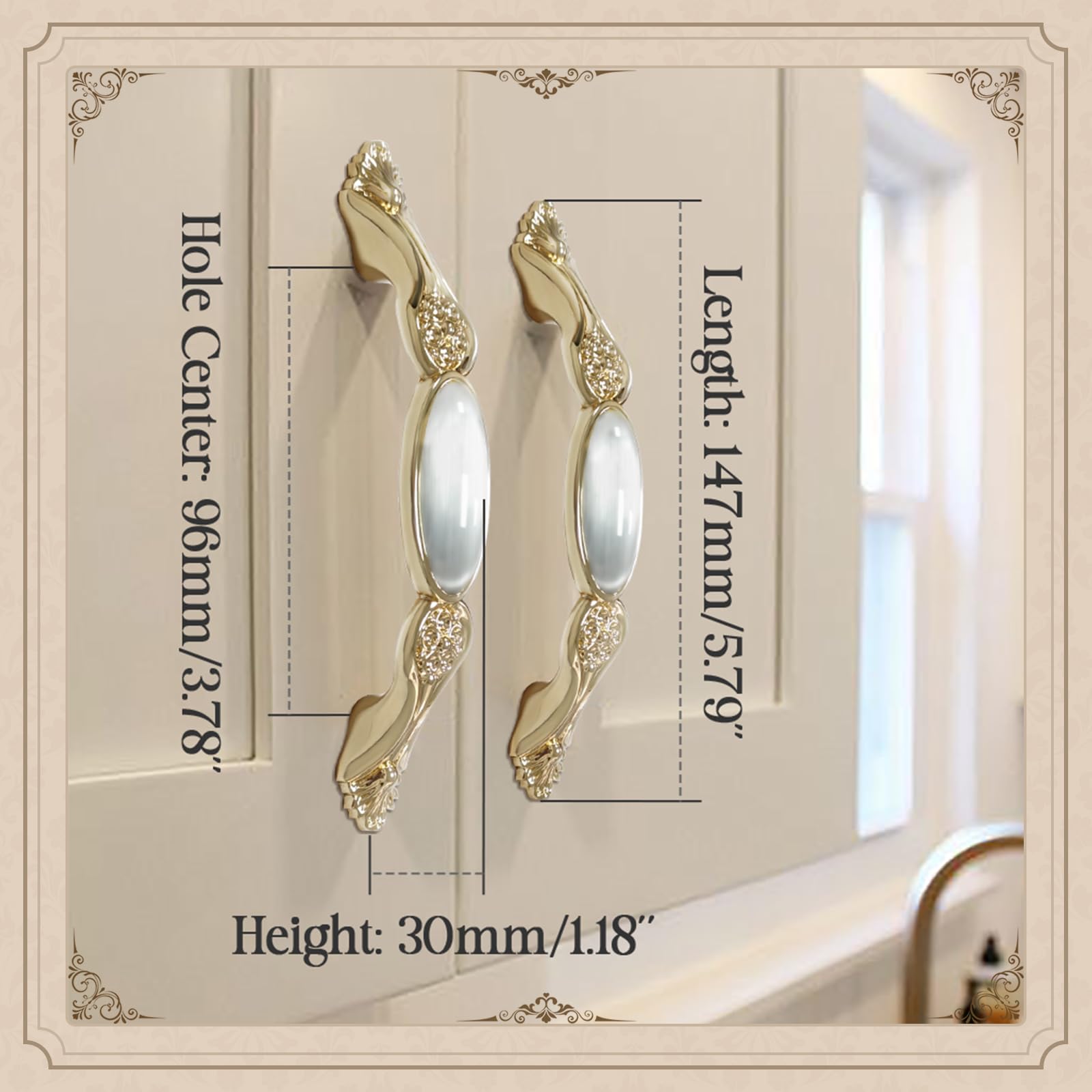 Elistonie 2 Pack Kitchen Door Handles, Vintage Style Cabinet 96mm Hole Center Gold With Art Pattern - Image 2