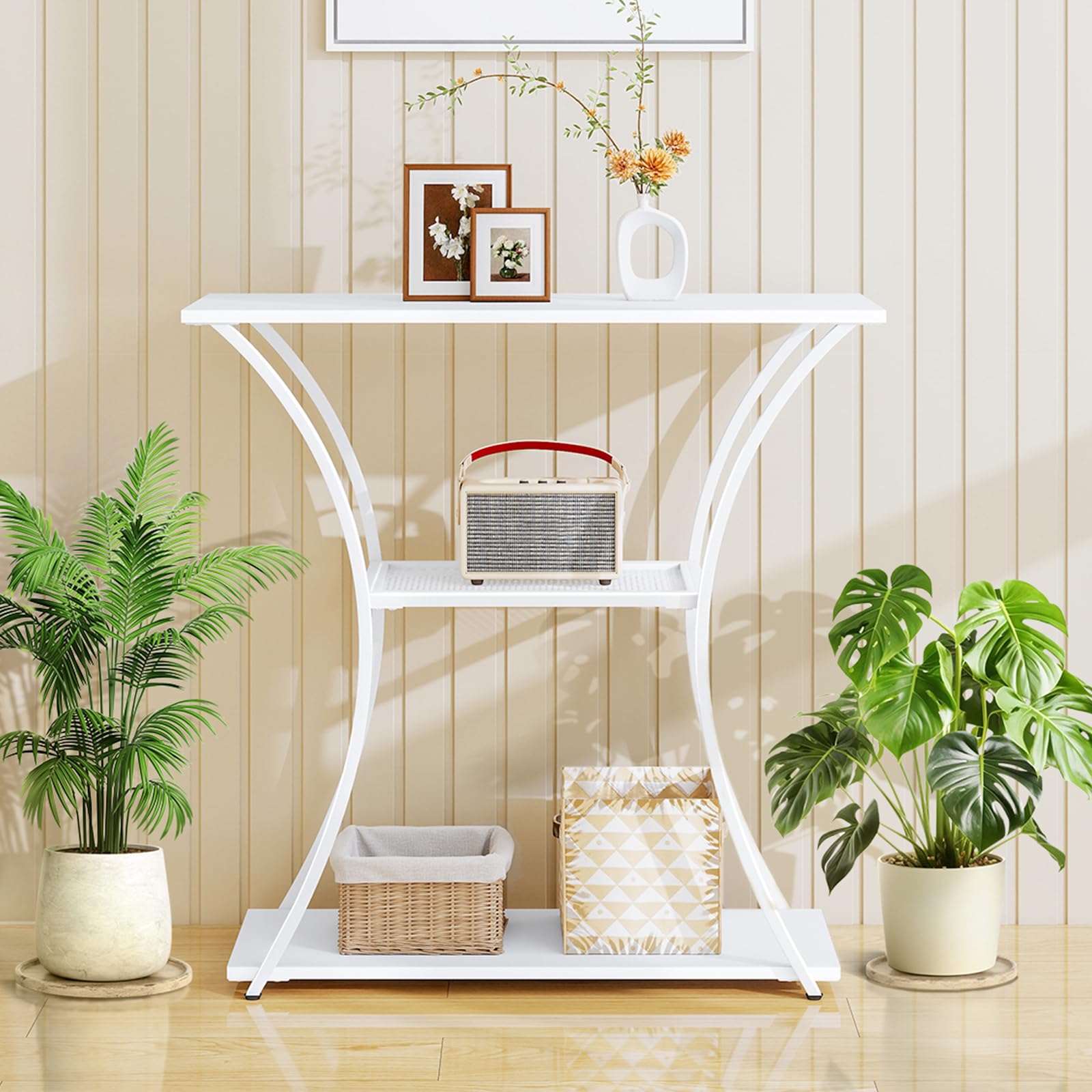 HDANI Tavolo consolle in metallo a 3 livelli con griglia media, tavolino sottile con telaio stabile, tavolo d'ingresso stretto e divano per corridoio, soggiorno, ingresso, bianco (80 x 30 x 78,5 cm)
