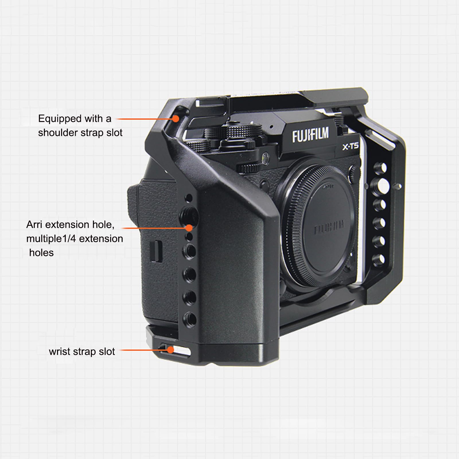 Profesjonalna klatka na aparat kompatybilna z Fujifilm X-T5 - aluminiowa platforma CNC z szyną NATO i gwintami 9X 1/10.2 cm | Vintage Design i pełny dostęp do portów (YH-XT5)