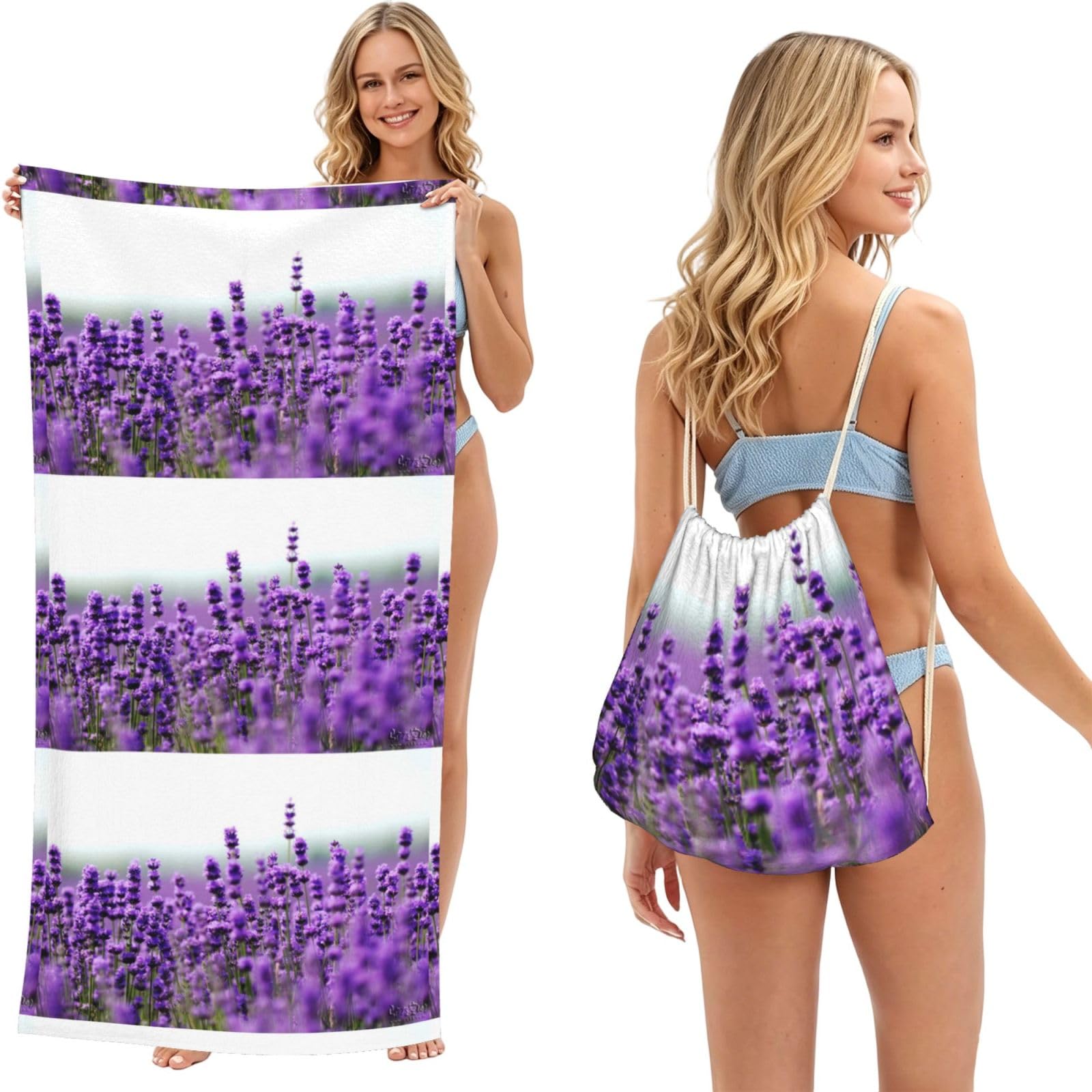 Poadnly As Picture Purple Lavender, 2 In 1 Packable Towel Bag, Beach Towels With Drawstring Backpack For Travel Holiday Camping