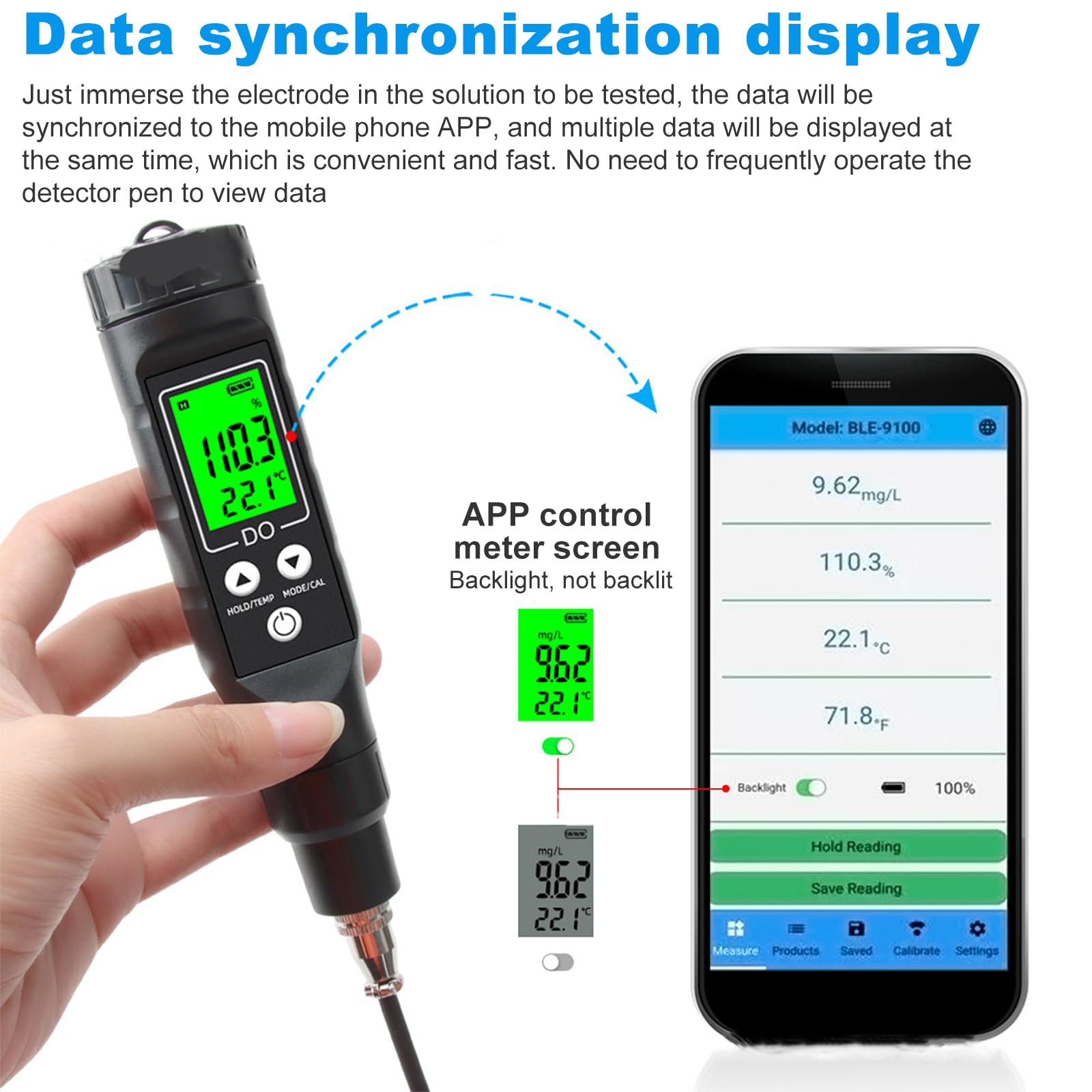 Détecteur d'oxygène Bluetooth pour l'eau Détecteur d'oxygène dissous pour l'eau Applicable aux bassins à poissons Aquarium Aquaculture BLE-9100 (comprend une poudre électrolytique)