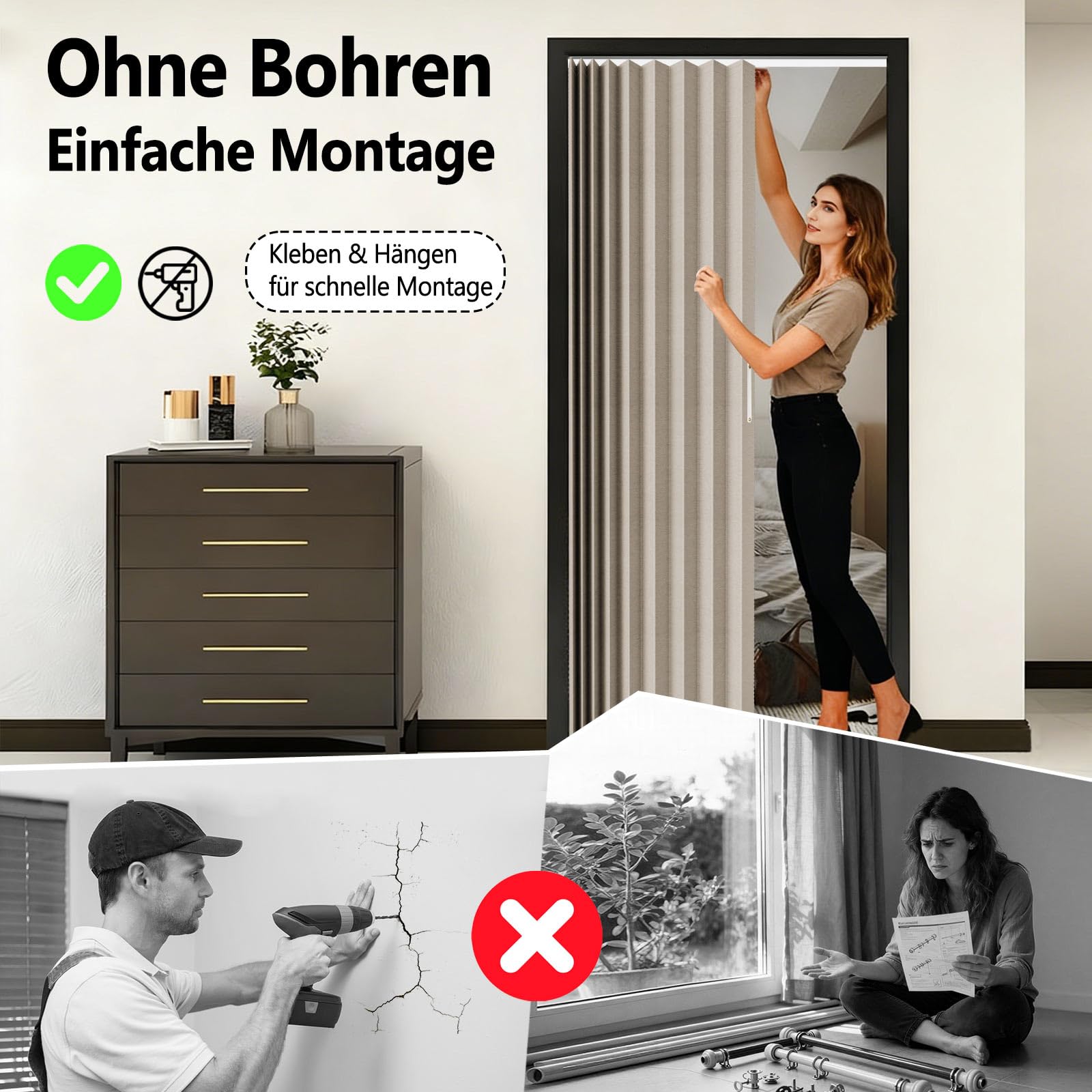 Jilron 100% cortina opaca para puerta – Estilo acordeón plegable con cierre magnético, montaje adhesivo sin necesidad de taladrar, incluye barra adhesiva, oscurecimiento y protección contra el viento